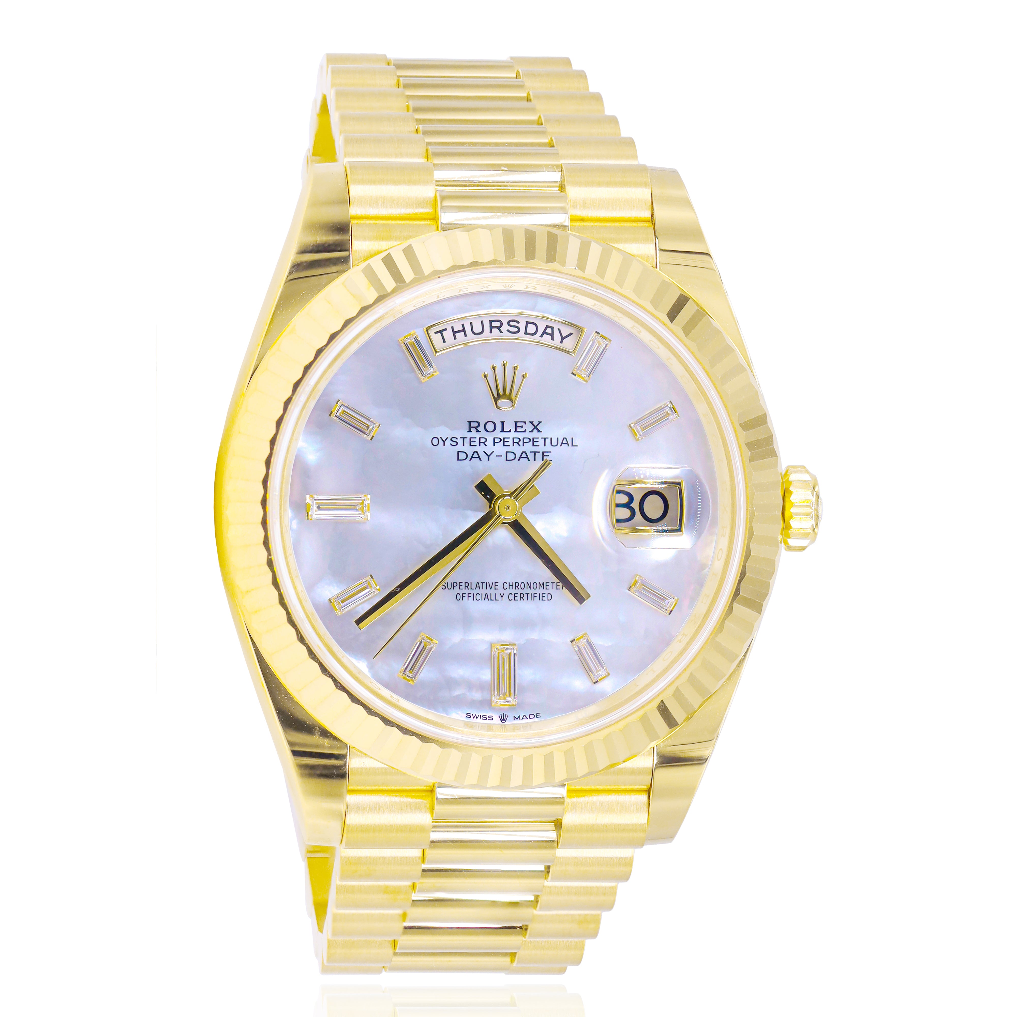 Rolex 228238 Day-Date 40mm Yellow Gold Mother of Pearl Baguette Diamond Dial