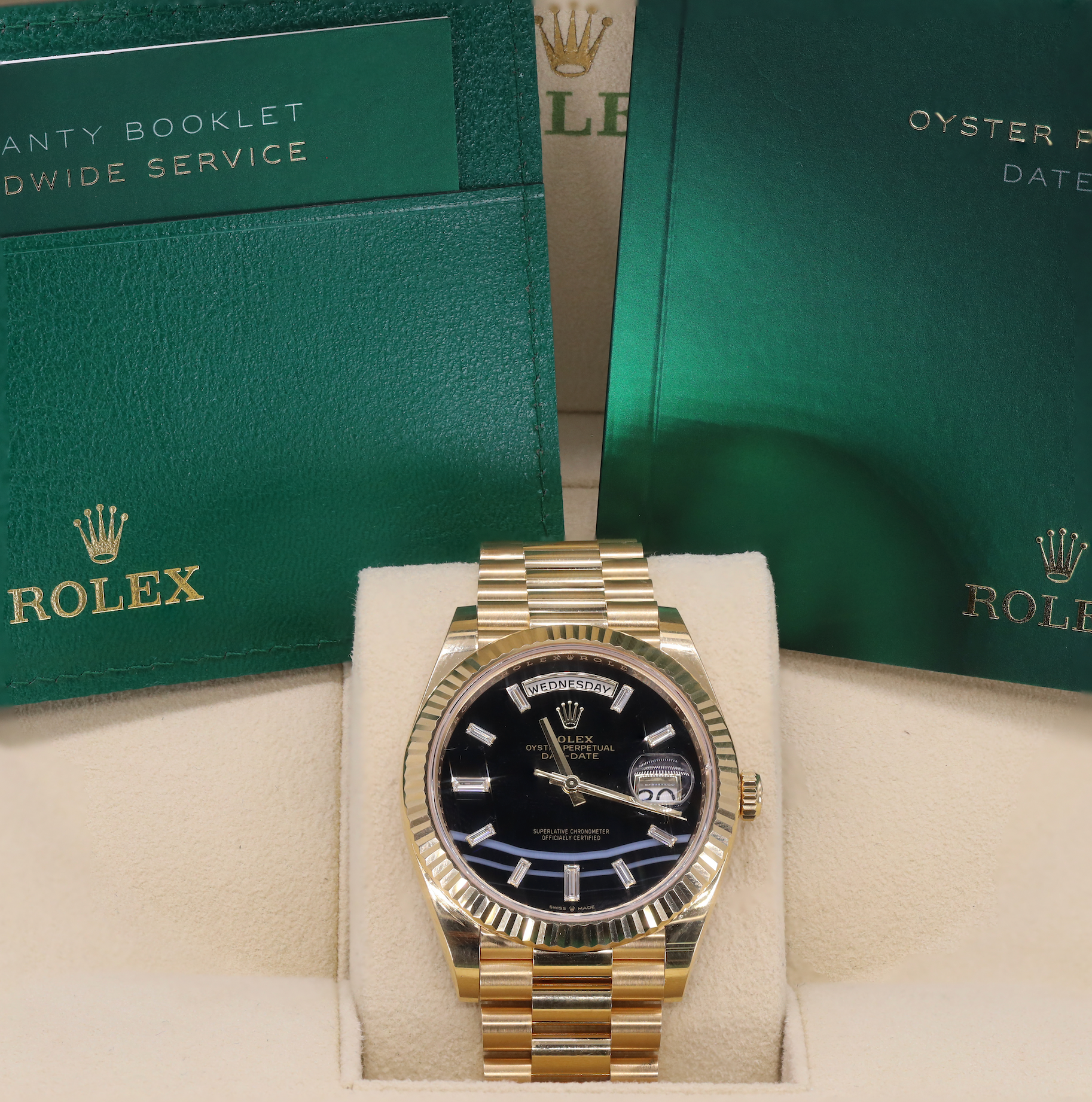 Rolex 228238 Day-Date 40mm Black Onyx Baguette Triple Wave Diamond Dial Yellow Gold