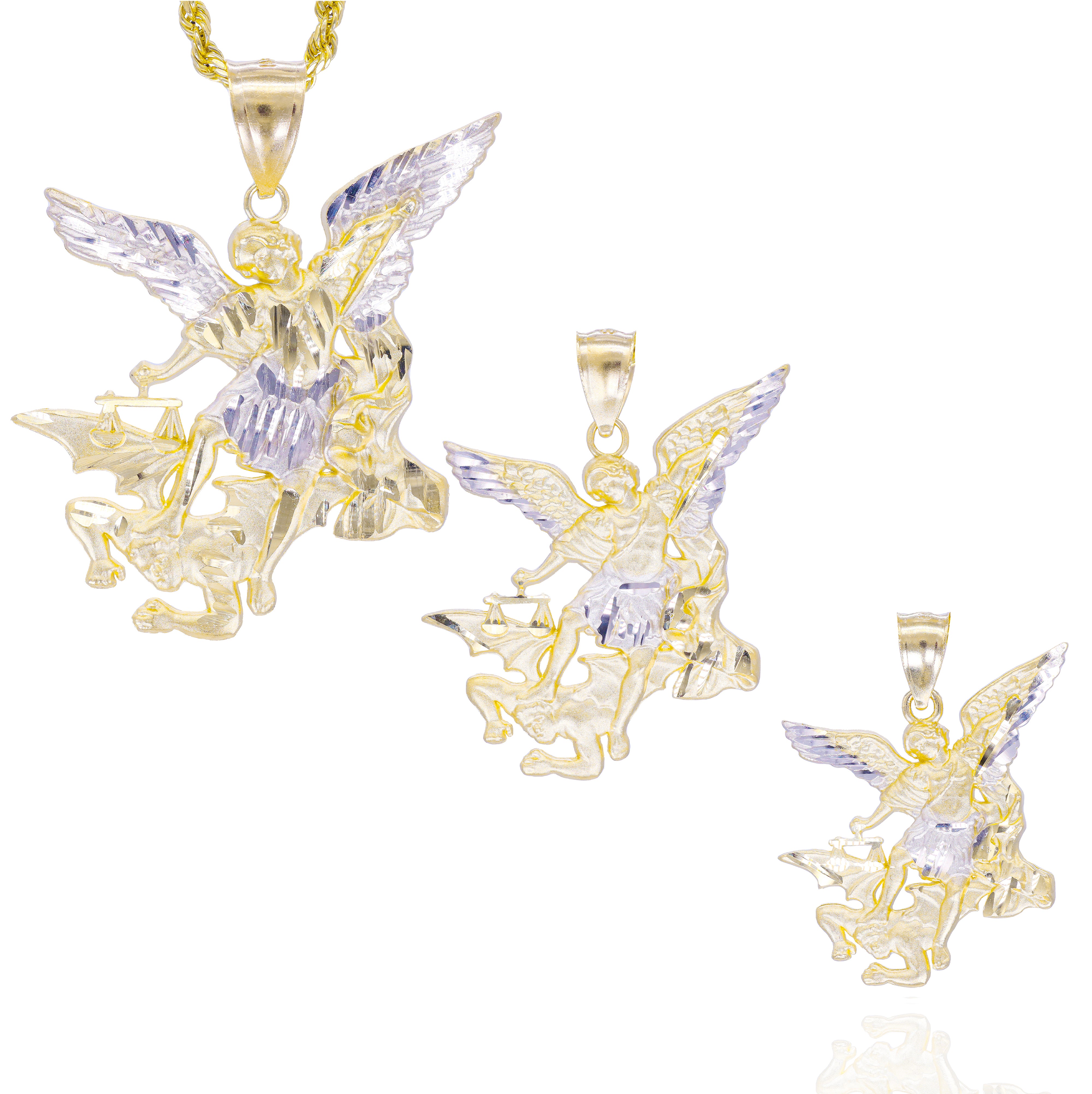 Set of gold with different sizes of Saint Michael on top of the devil solid gold charm