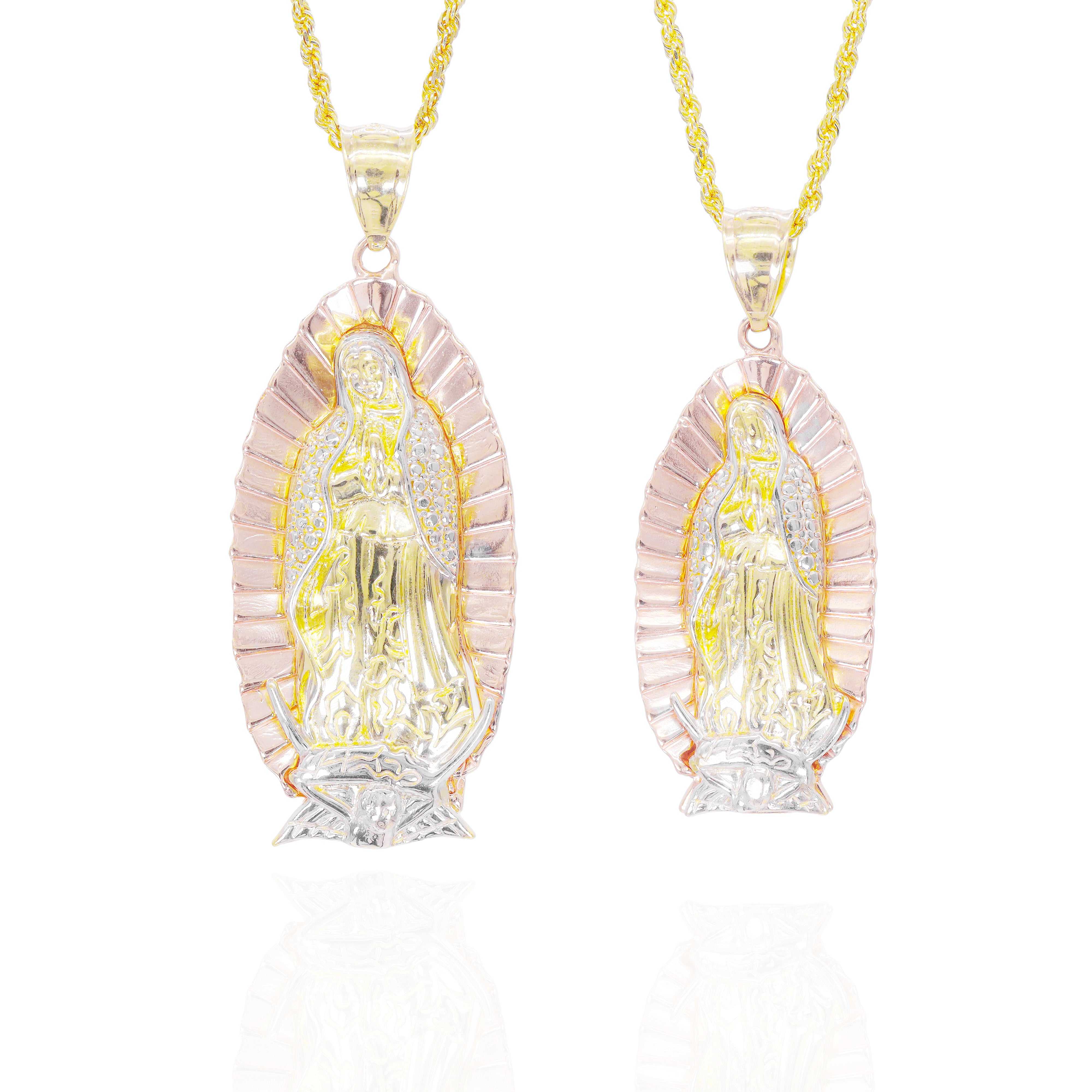 virgin Mary solid gold charm with three different color golds