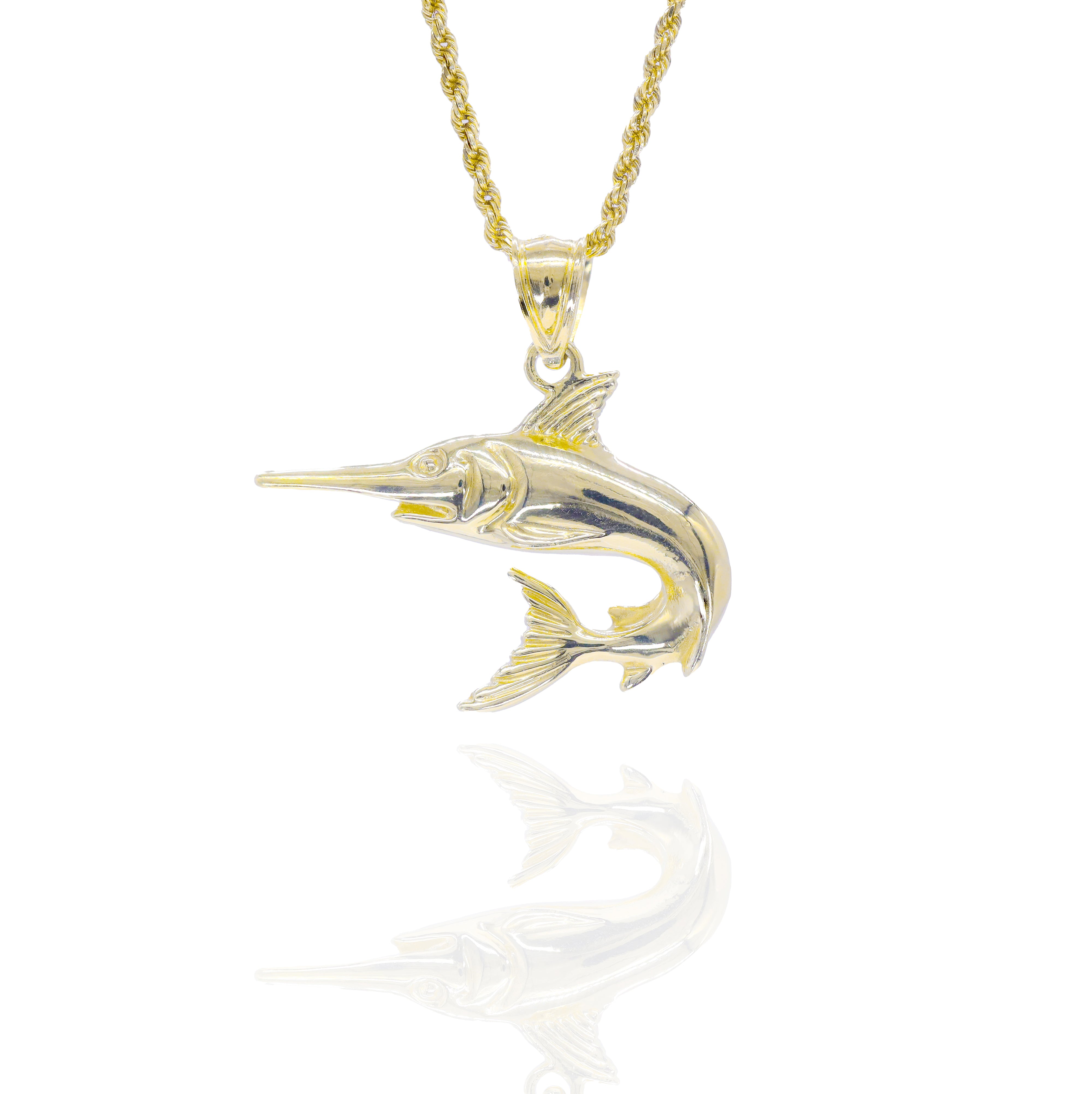 Gold marlin fish pendant on a gold chain 