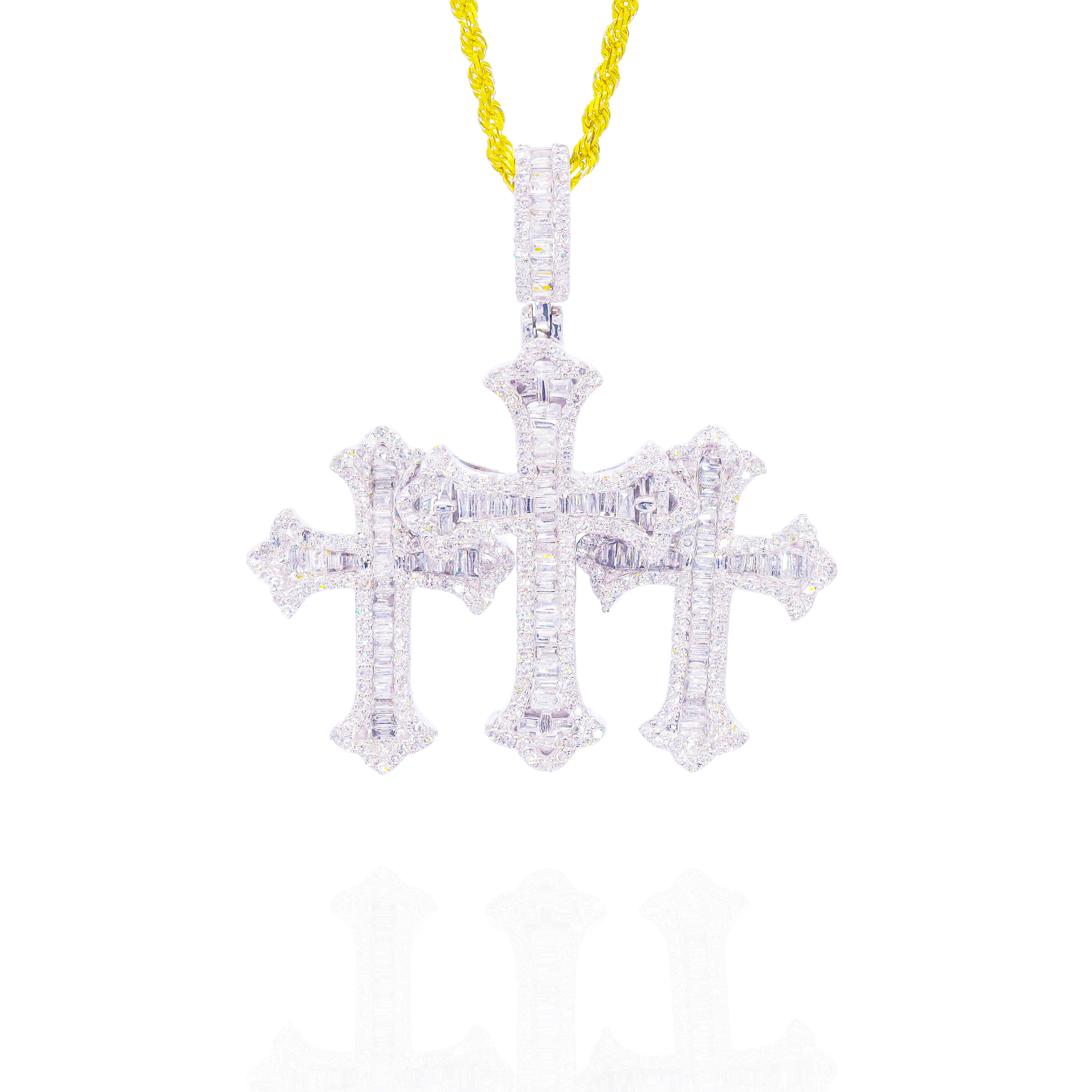 Triple Staggered Chrome Hearts Baguette Diamond Cross Pendant