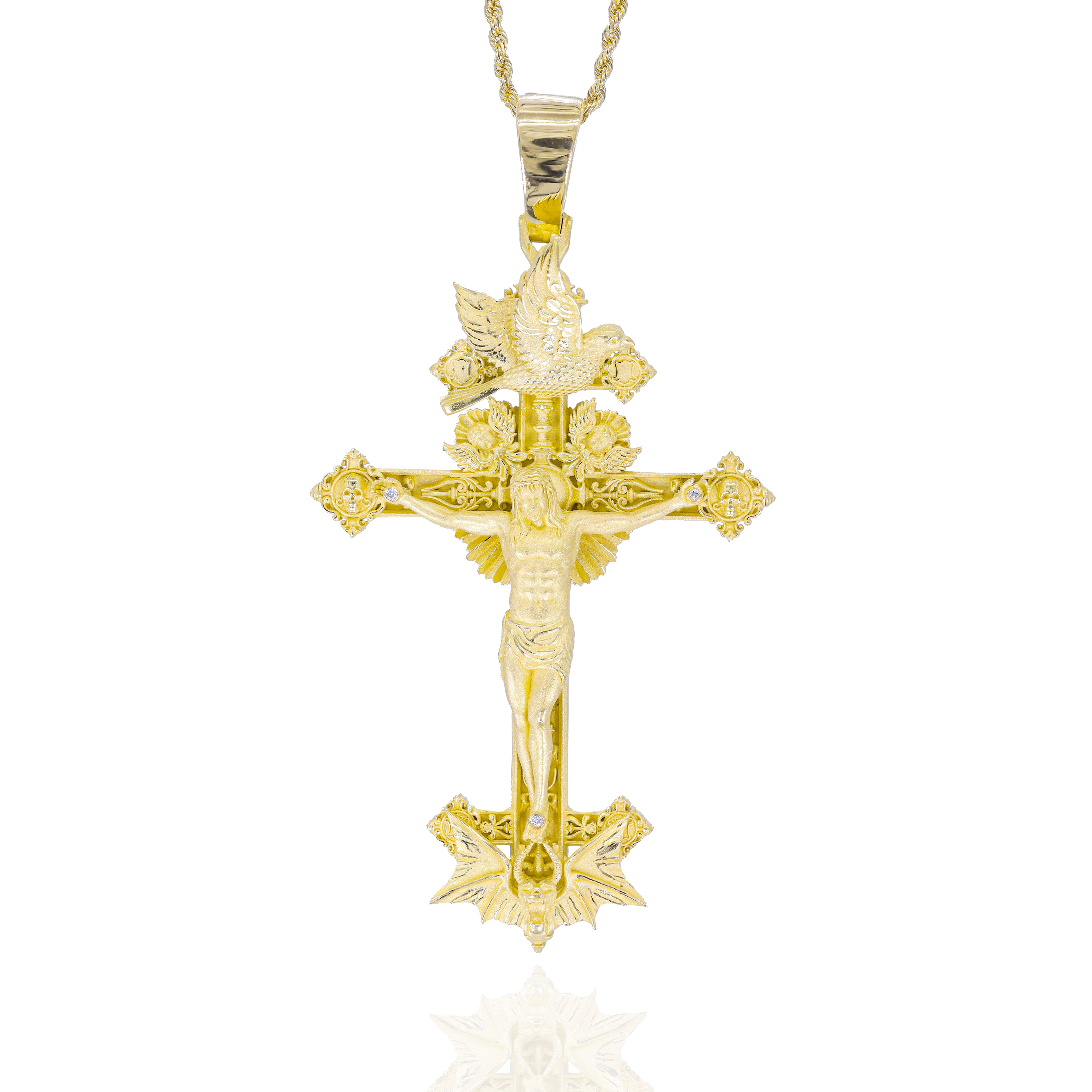 Detailed 18KT Gold Satanic Jesus Cross Solid Gold Pendant with Diamond Nails