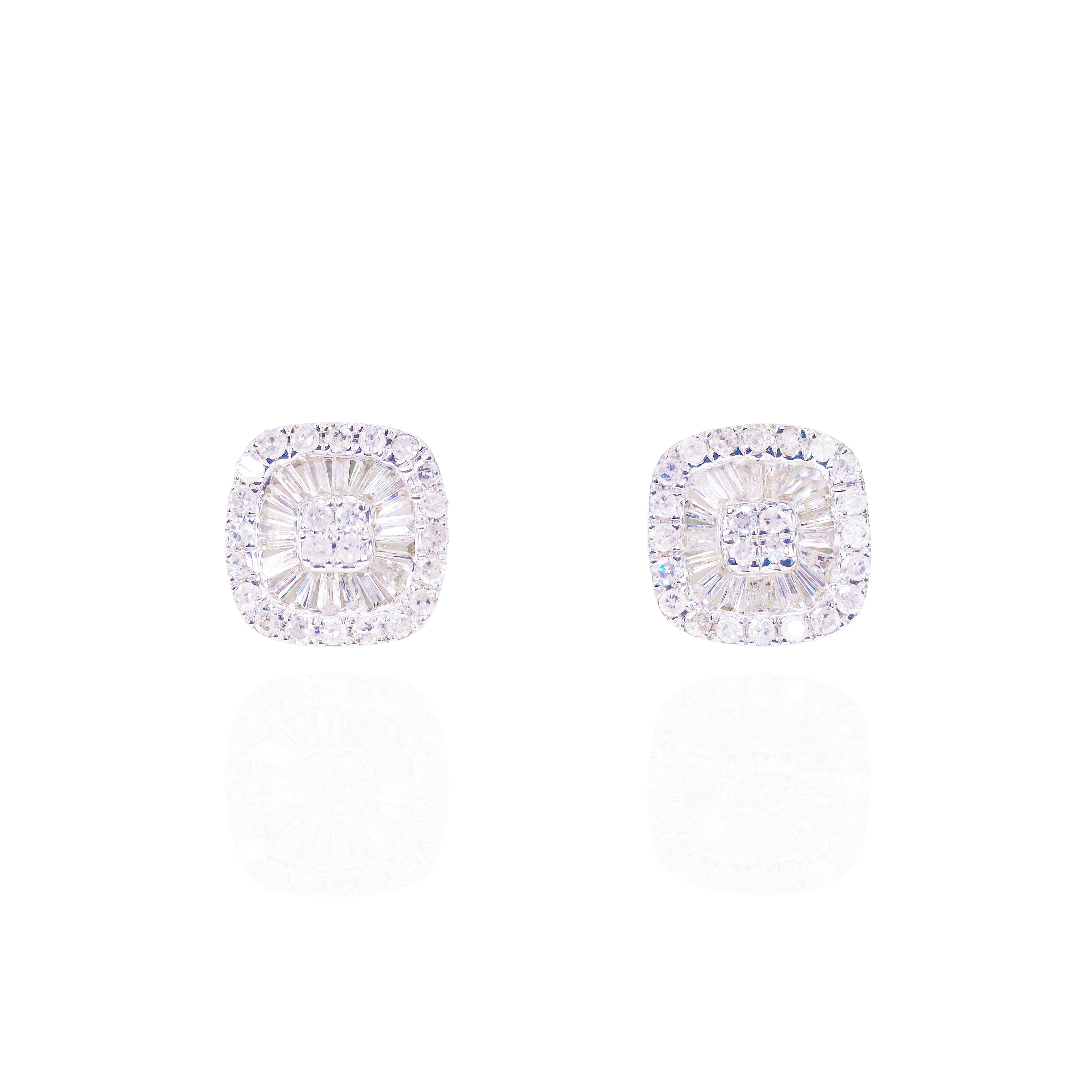 Square Baguette Cluster Earrings w/ Round Diamond Border
