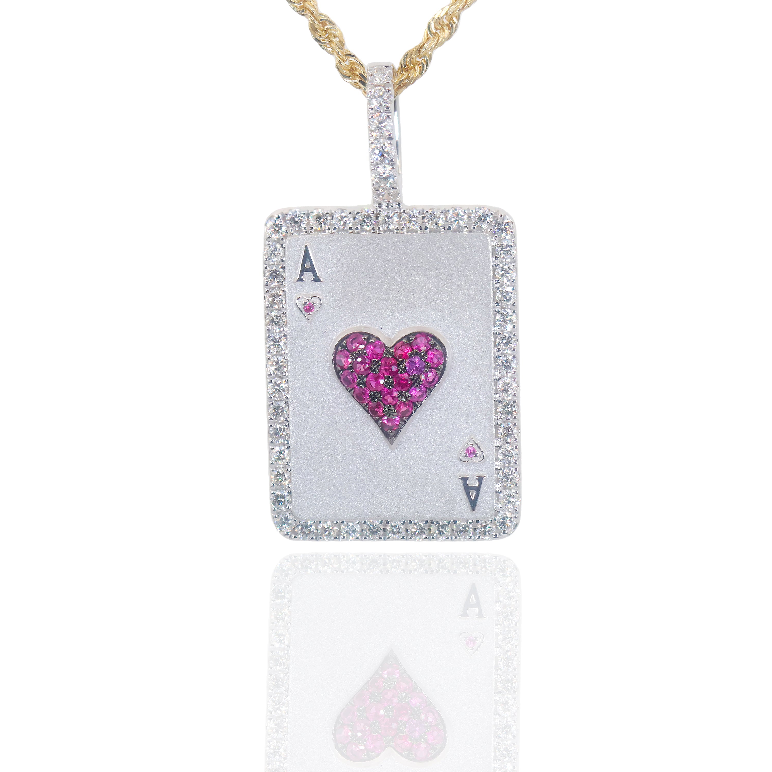 Ace of Hearts Diamonds Card Pendant with Red Rubies