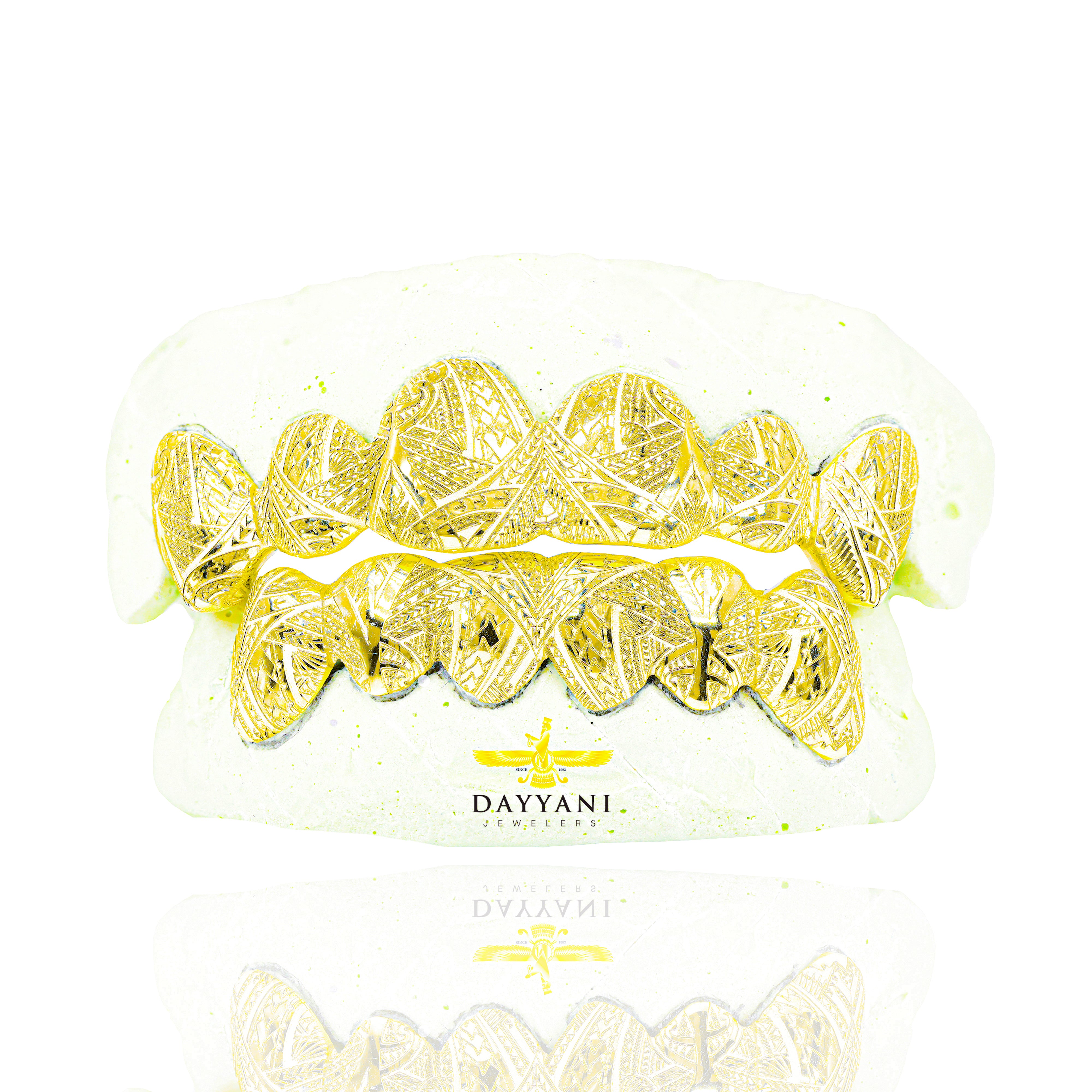 Custom Grillz with Tribal Engravings Gold Grillz