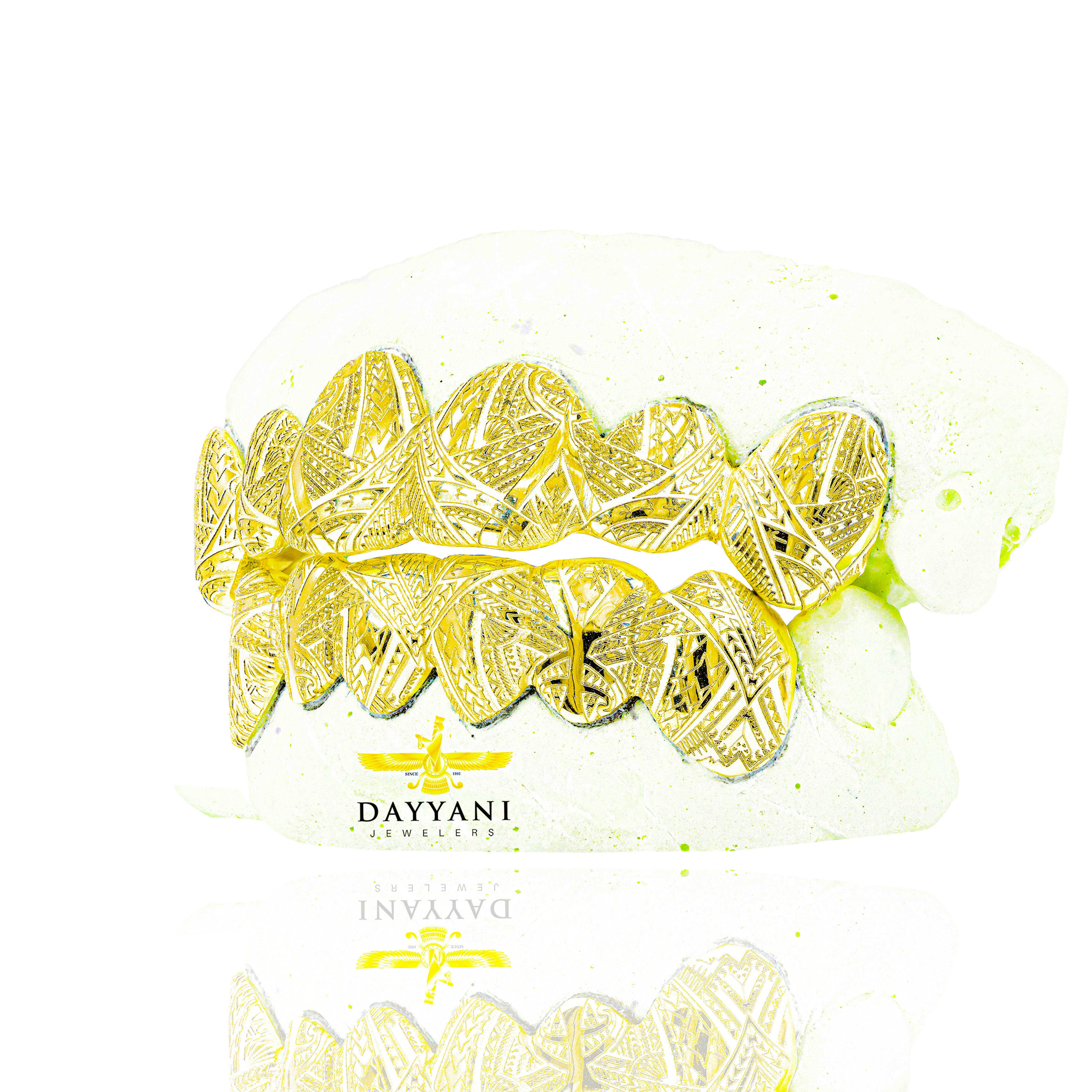 Custom Grillz with Tribal Engravings Gold Grillz