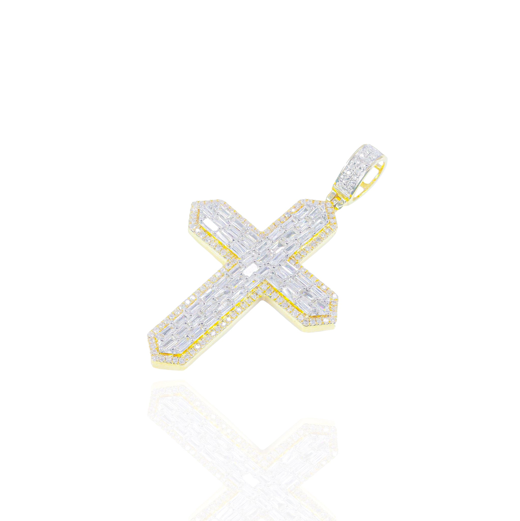 Baguette Diamond Cross Pendant w/ Round Diamond Border
