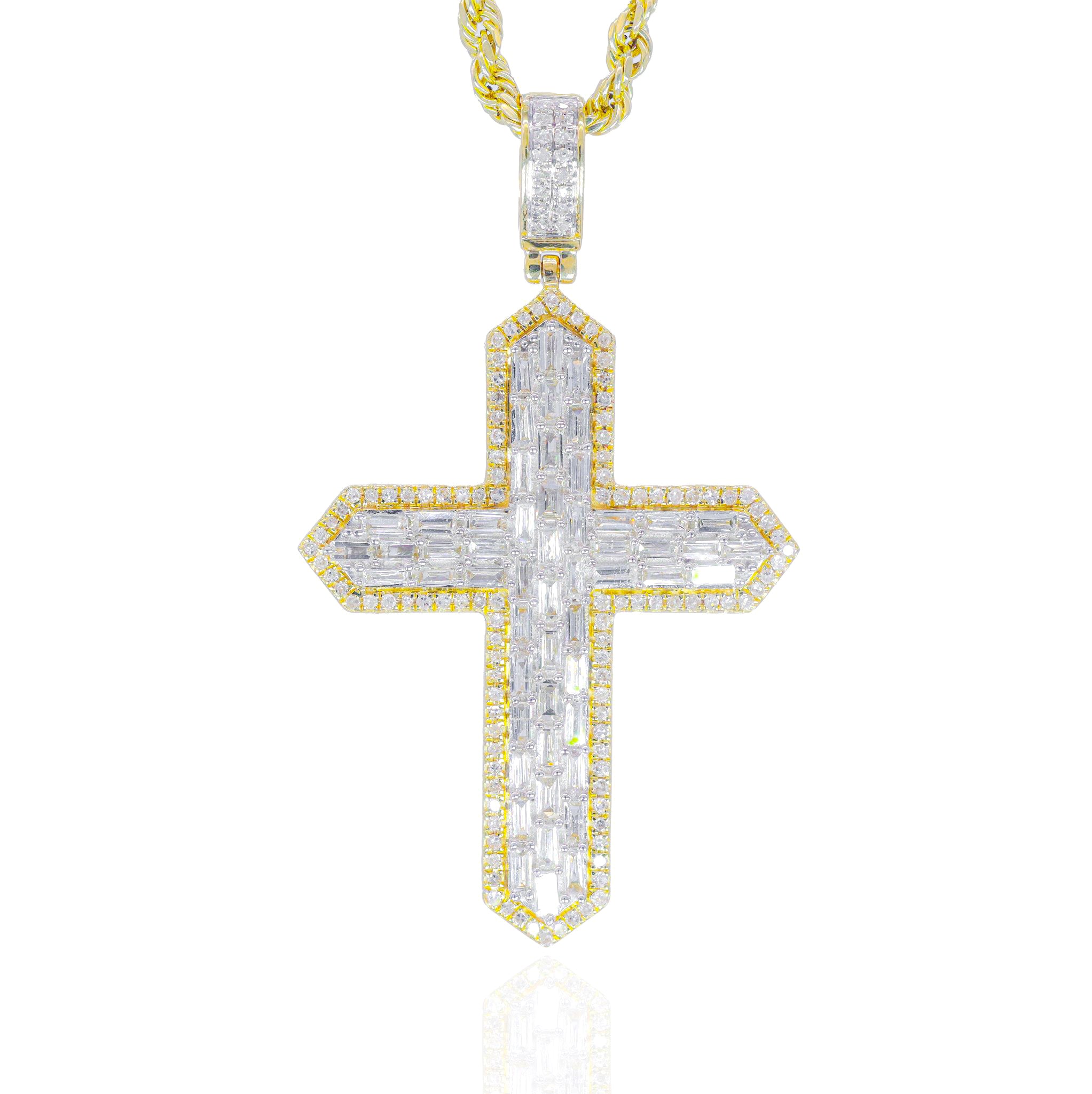 Baguette Diamond Cross Pendant w/ Round Diamond Border