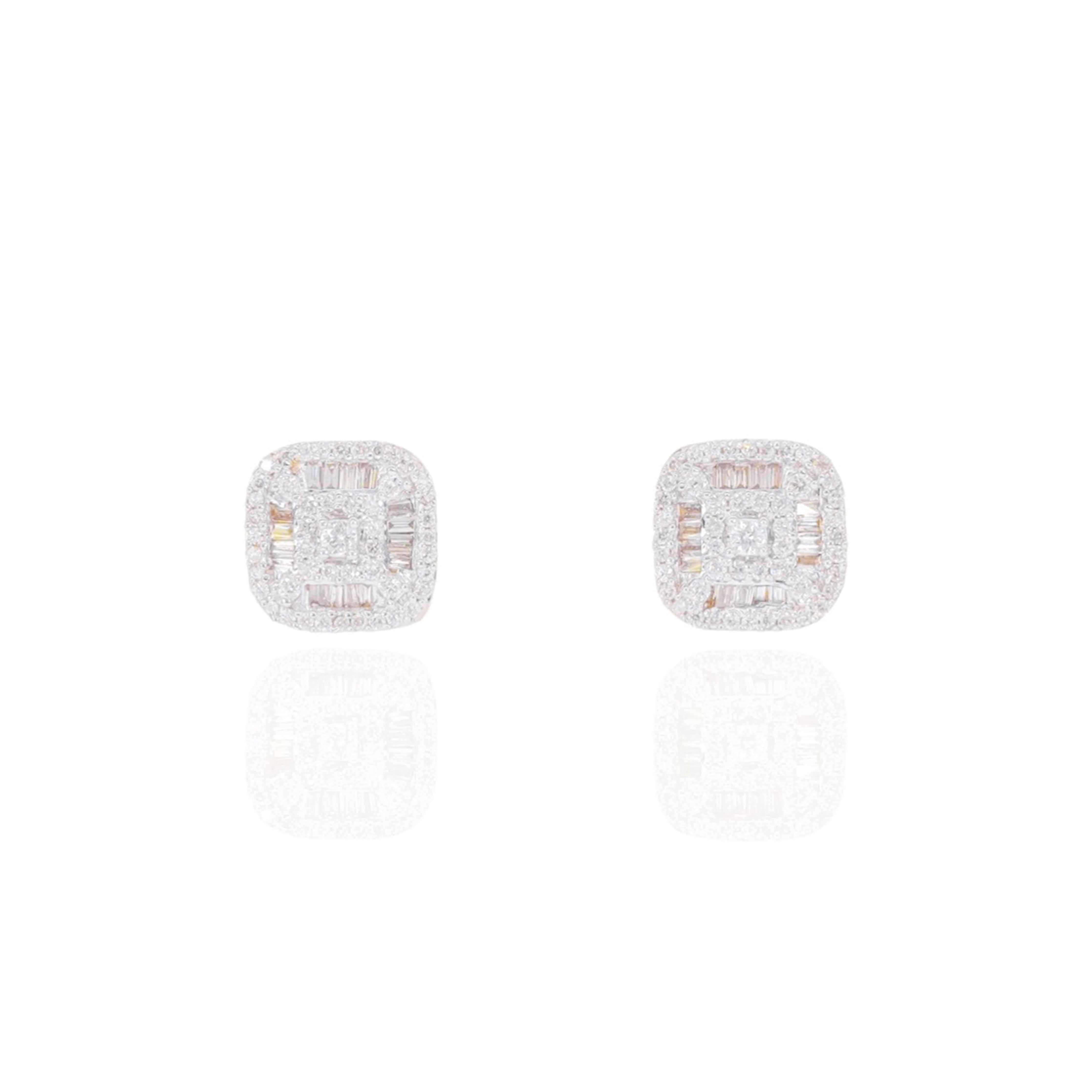 Rounded Square Baguette & Round Diamond Earrings