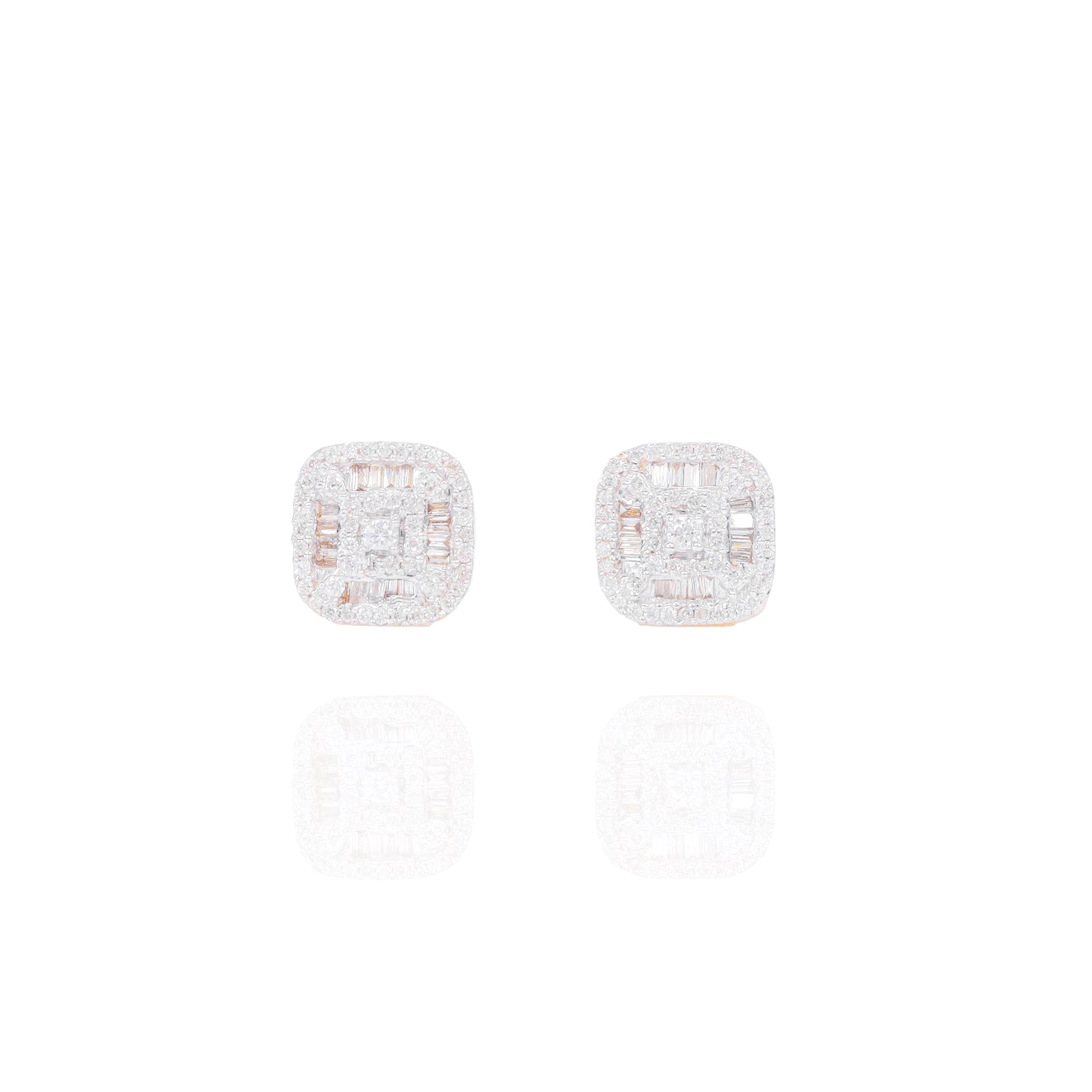 Rounded Square Baguette & Round Diamond Earrings