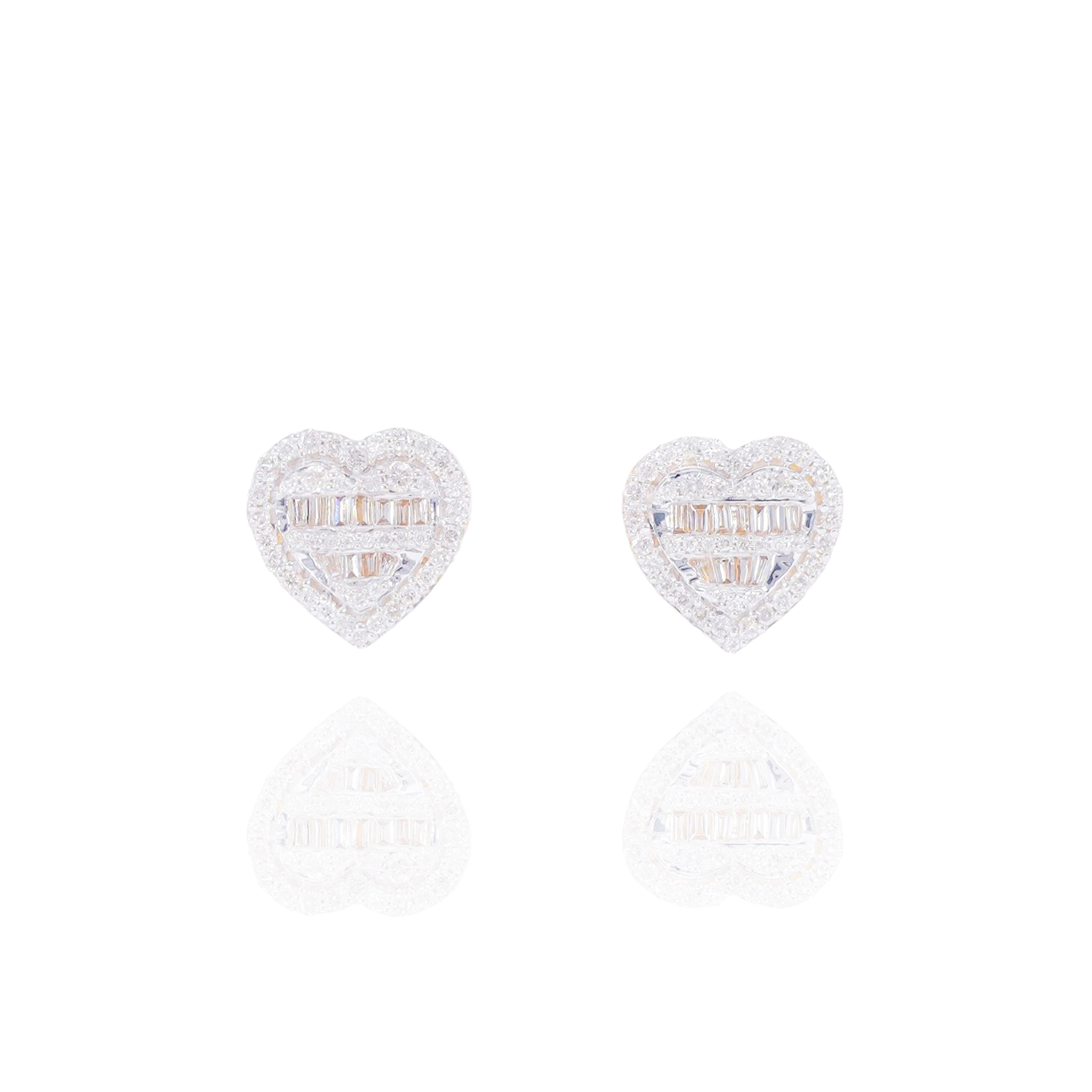 Heart Shaped Diamond Earrings with Baguette Center