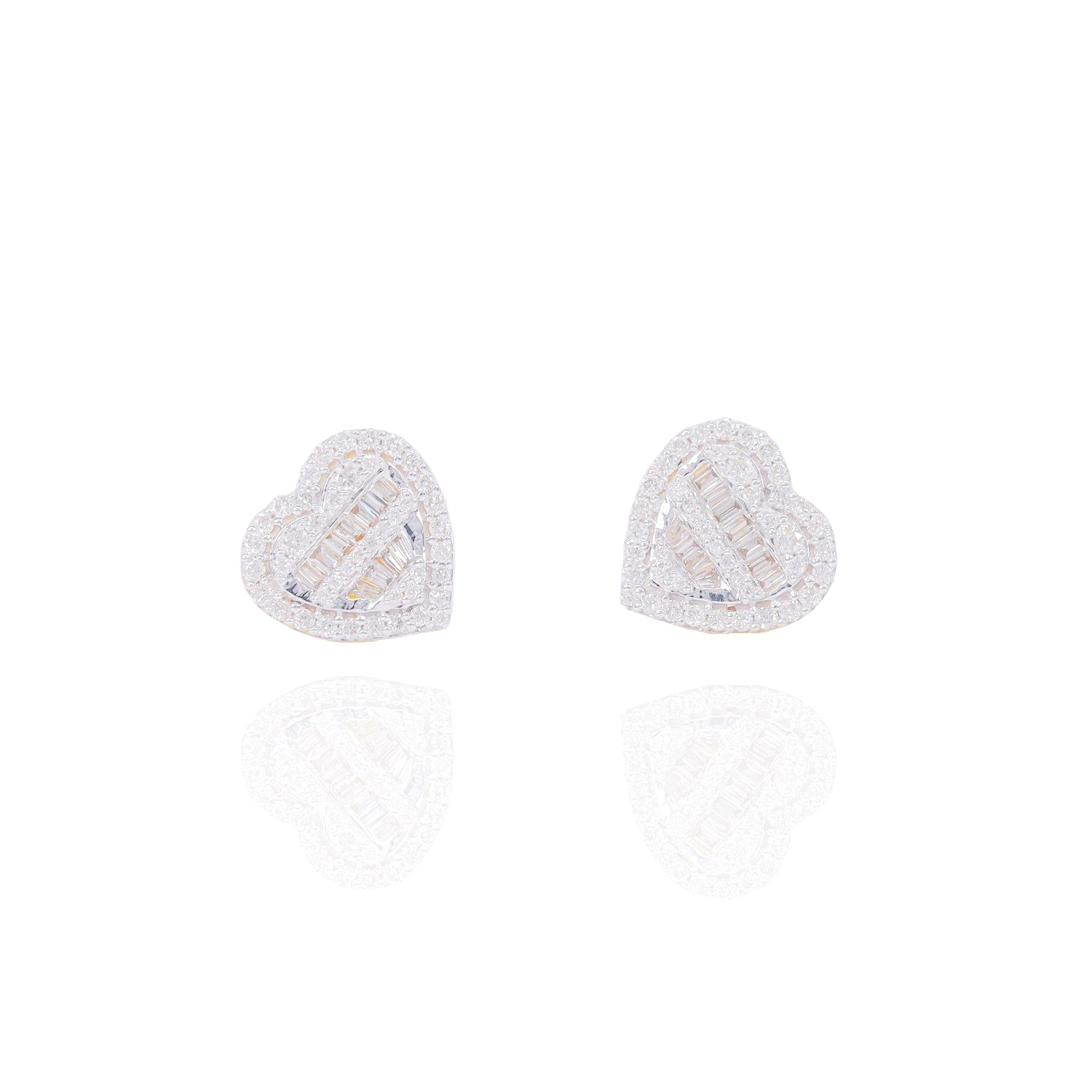 Heart Shaped Diamond Earrings with Baguette Center