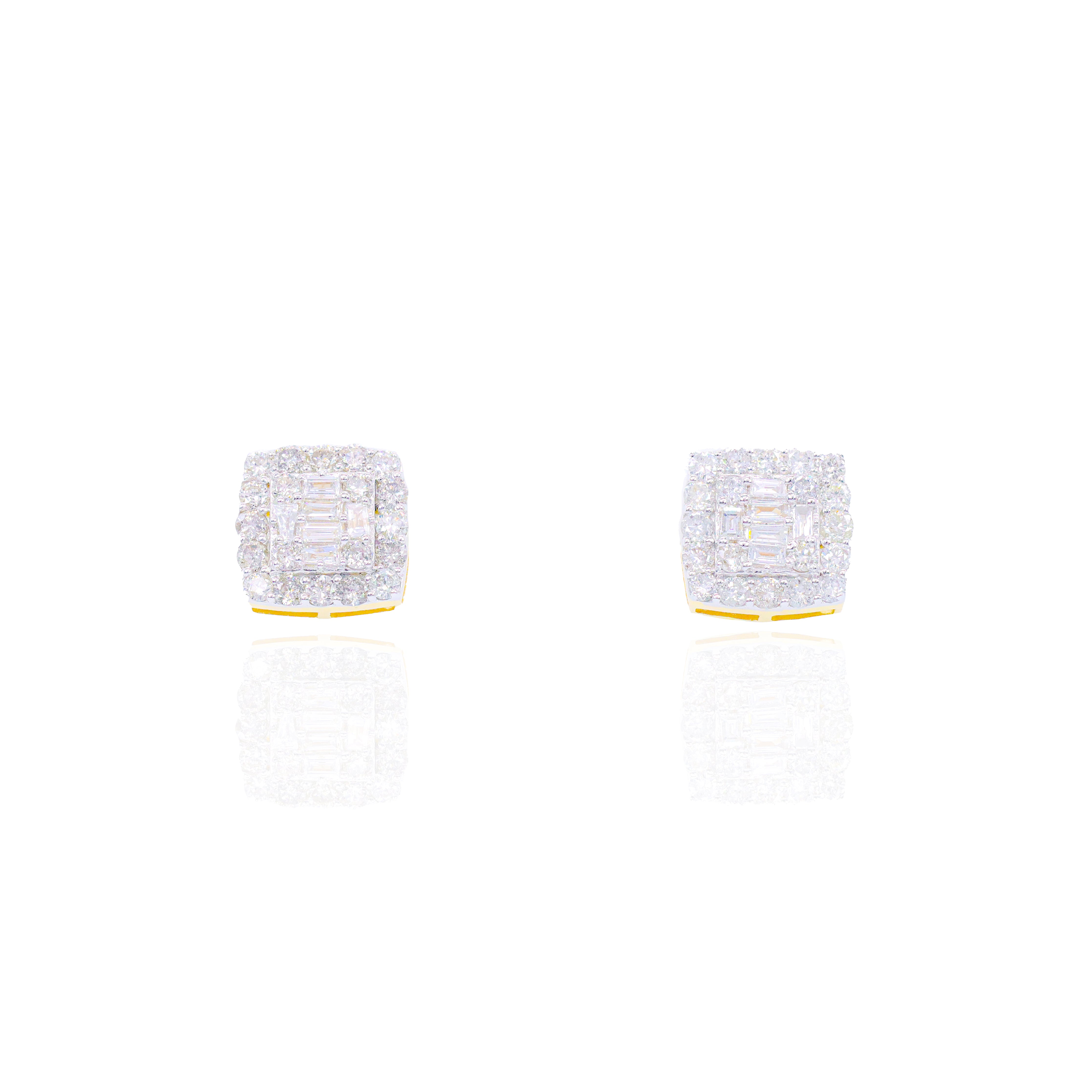 Baguette Cluster Diamond Earrings with Round Border