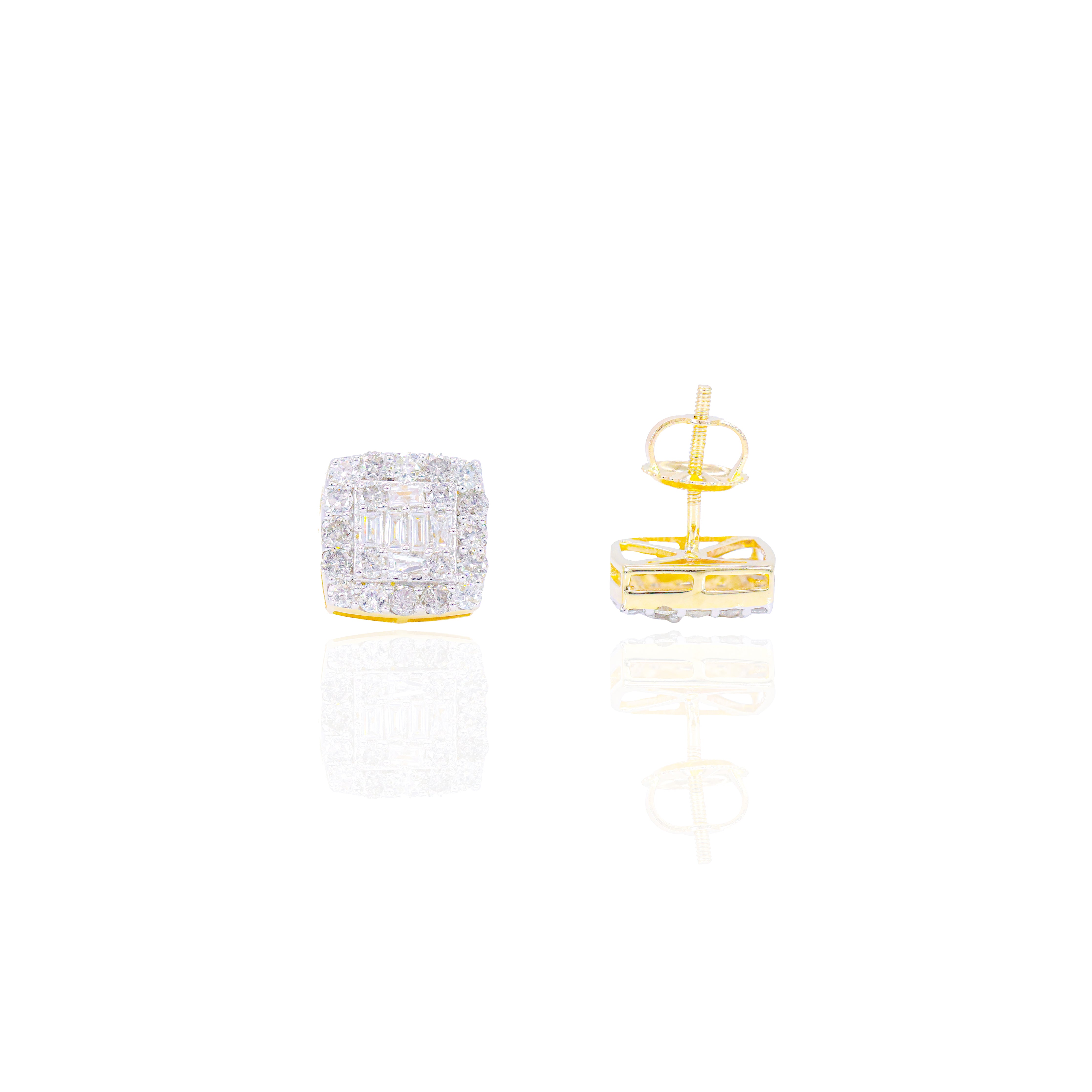 Baguette Cluster Diamond Earrings with Round Border