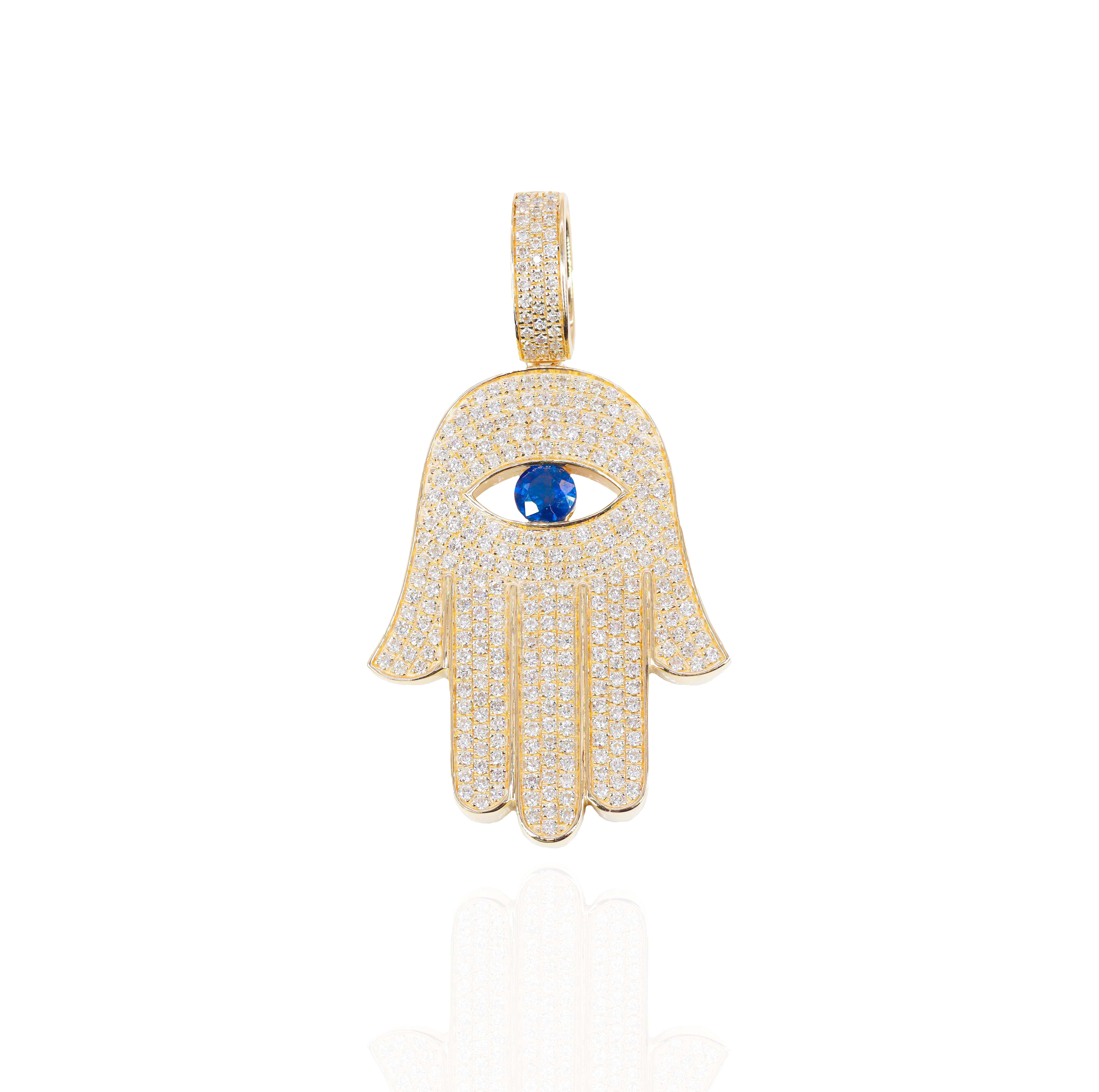 Diamond Hamza Hand With Blue Sapphire Pendant