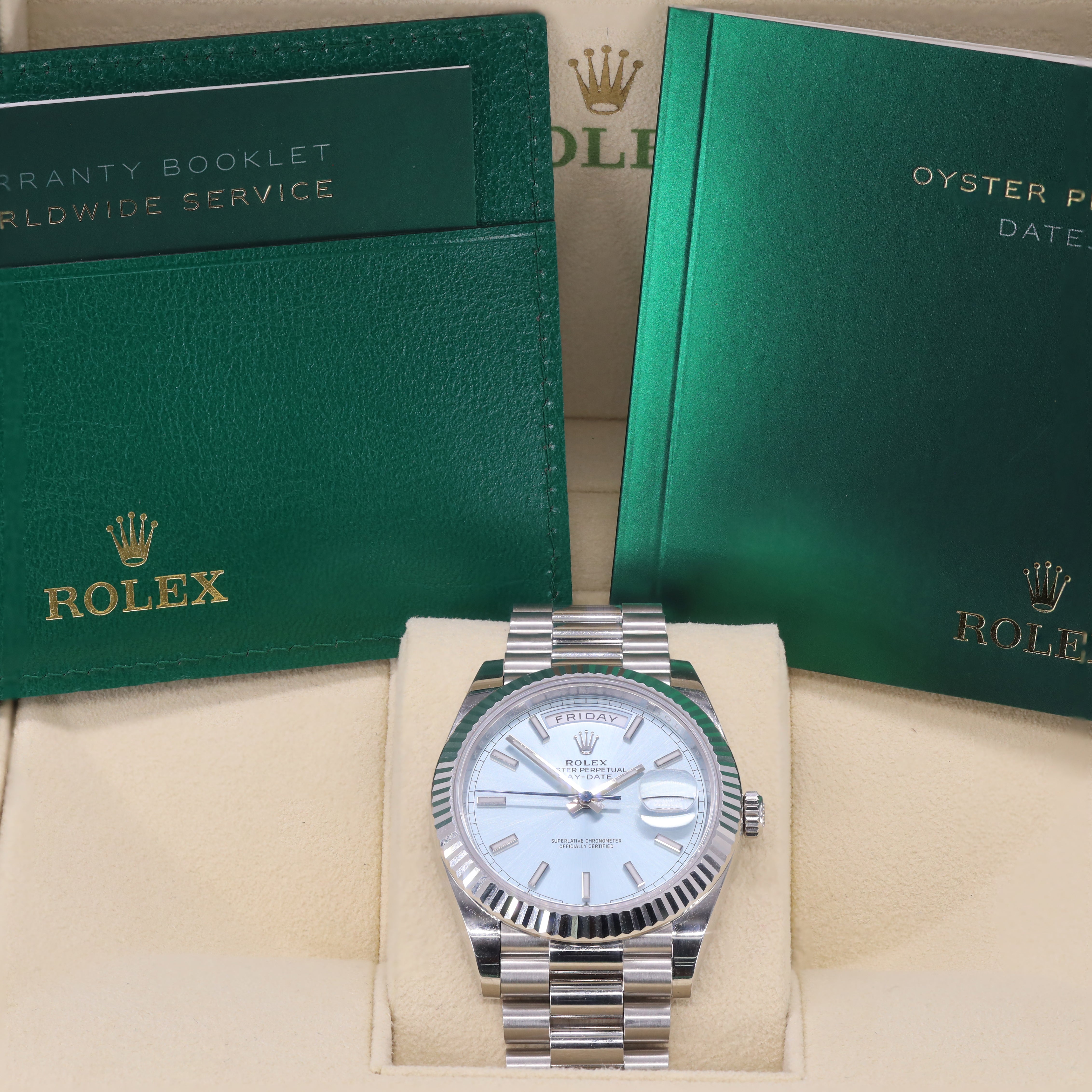 Rolex 228236 Day-Date 40mm Platinum Ice-Blue Stick Dial