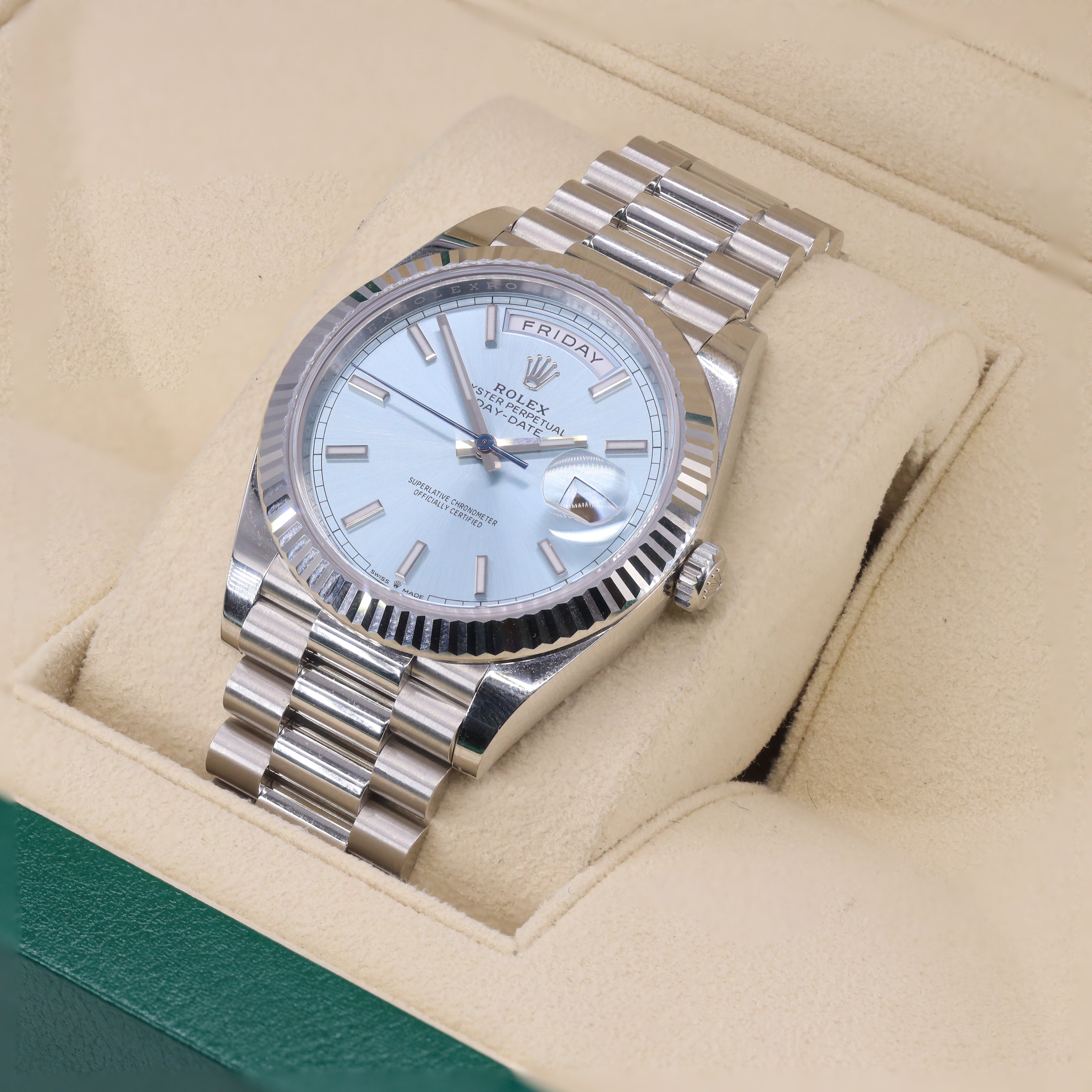 Rolex 228236 Day-Date 40mm Platinum Ice-Blue Stick Dial