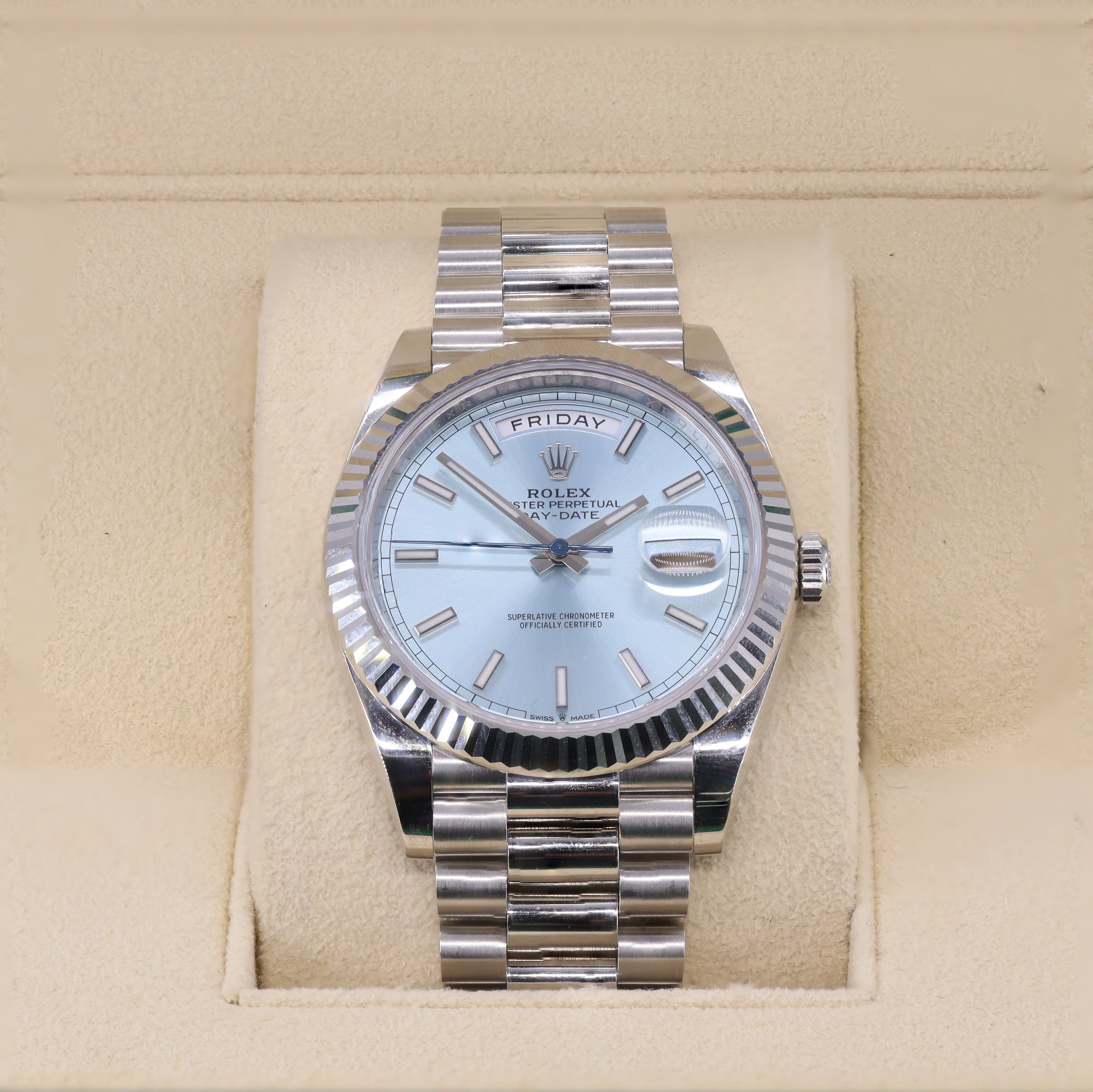 Rolex 228236 Day-Date 40mm Platinum Ice-Blue Stick Dial