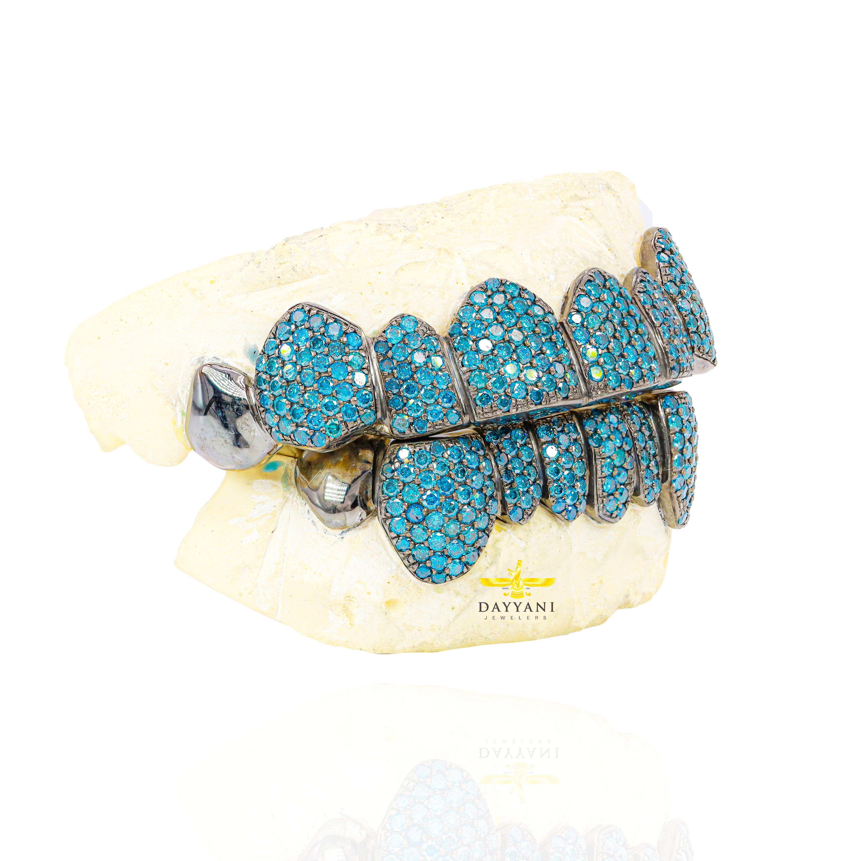 Custom Blue Color Natural Diamond Grillz & Black Rhodium Gold Grillz