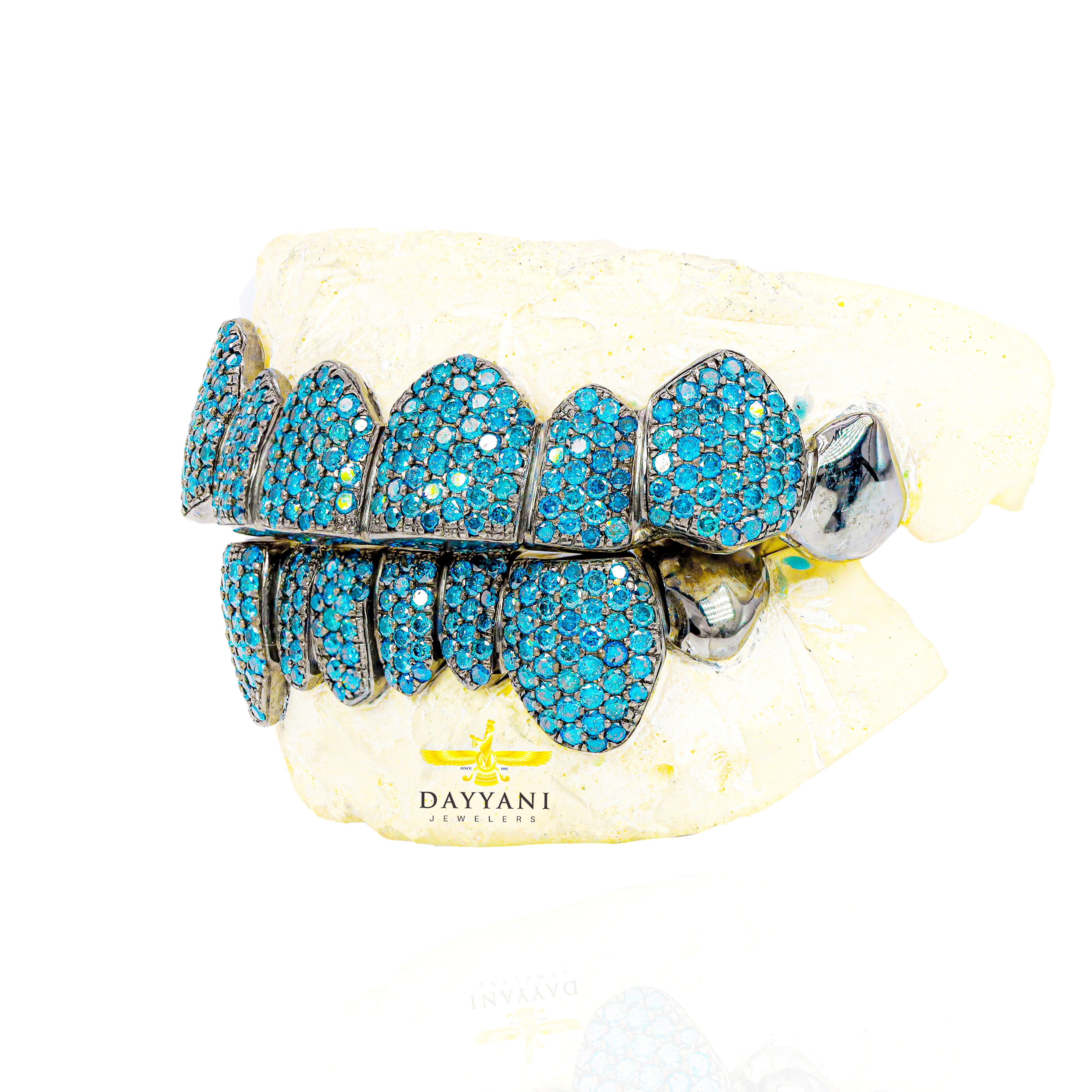 Custom Blue Color Natural Diamond Grillz & Black Rhodium Gold Grillz