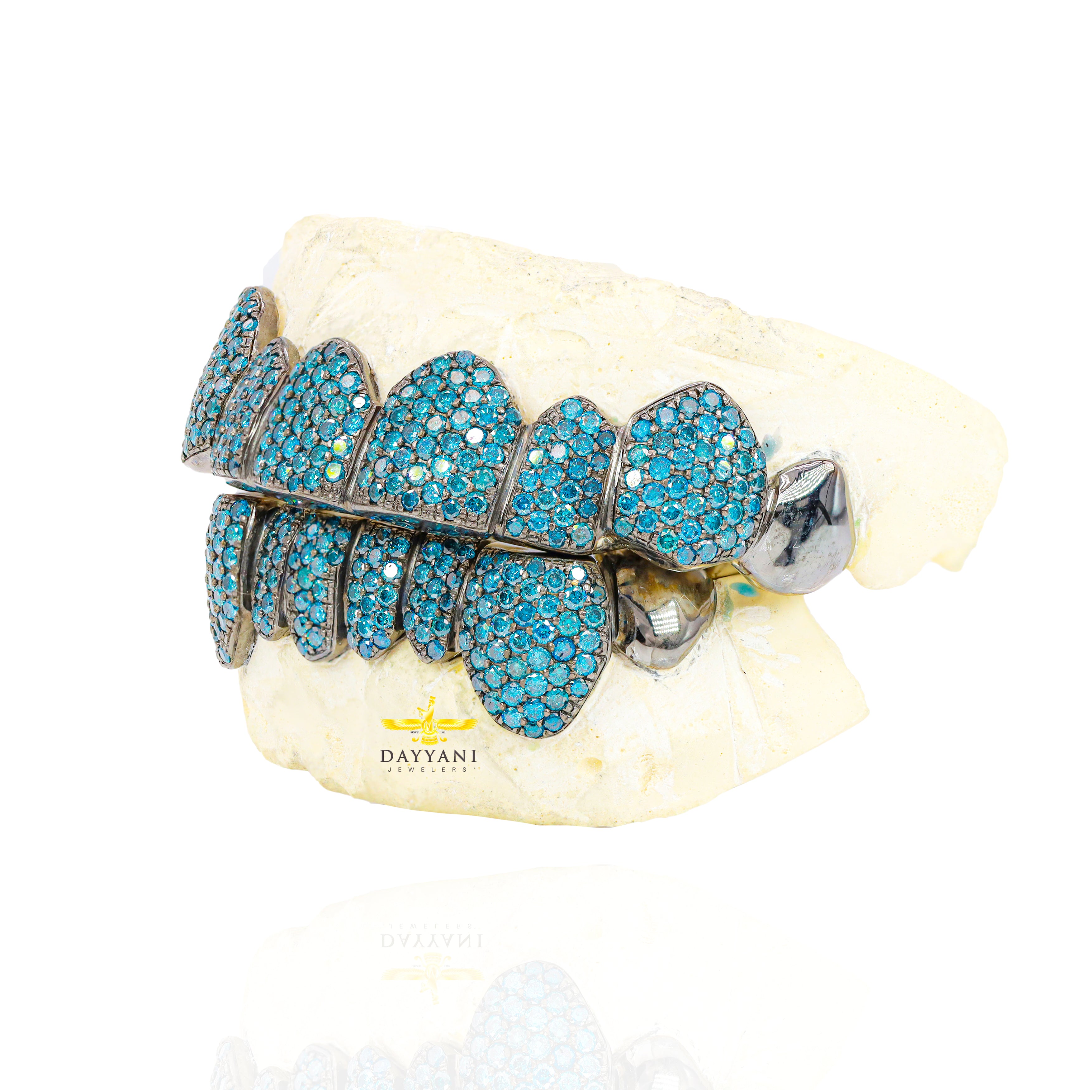 Custom Blue Color Natural Diamond Grillz & Black Rhodium Gold Grillz