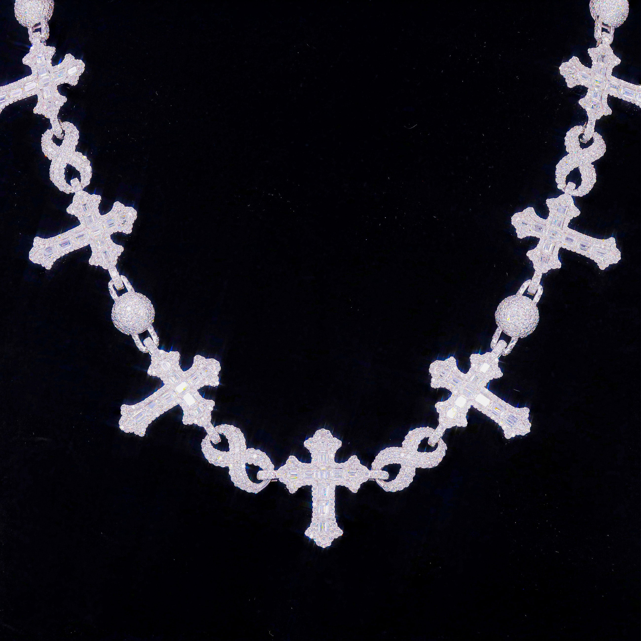 Emerald Diamond Cross Links w/ Round Diamond Infinity & Ball Link Diamond Chain Necklace