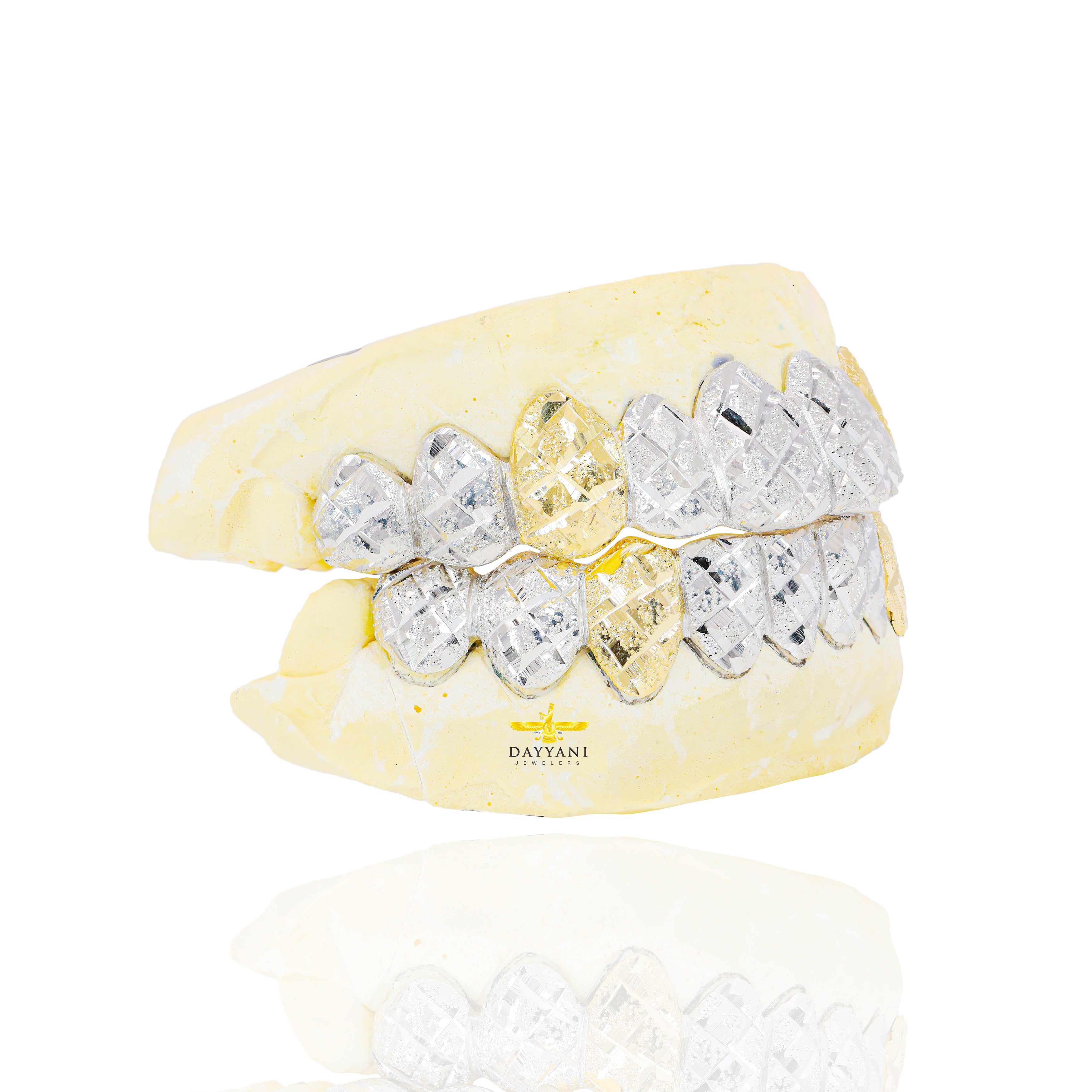 Custom 6 OR 8 Teeth Diamond Cut & Diamond Dust Gold Grillz with ANY Color Fangs