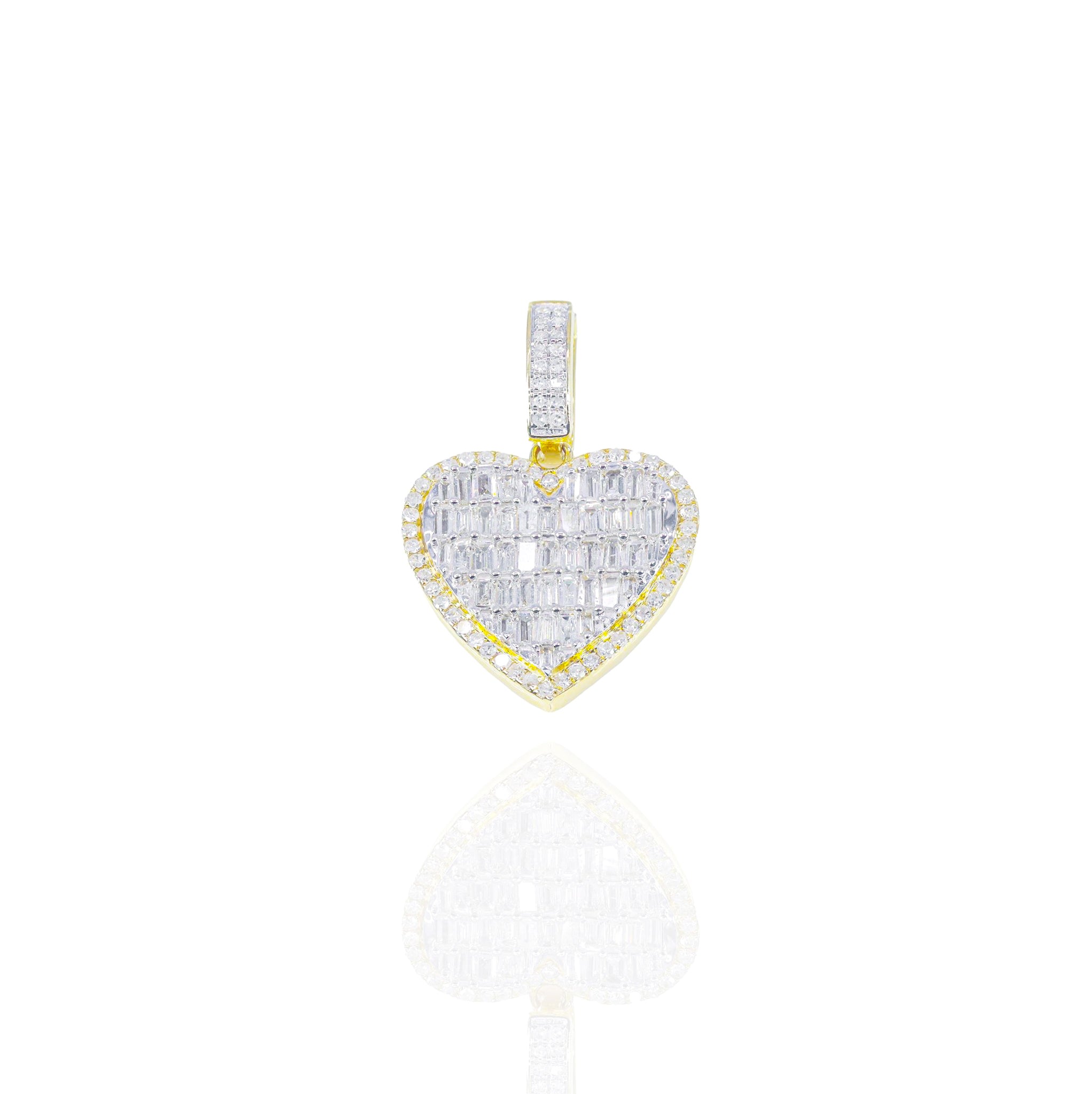 Baguette Diamond Heart Pendant w/ Round Diamond Border