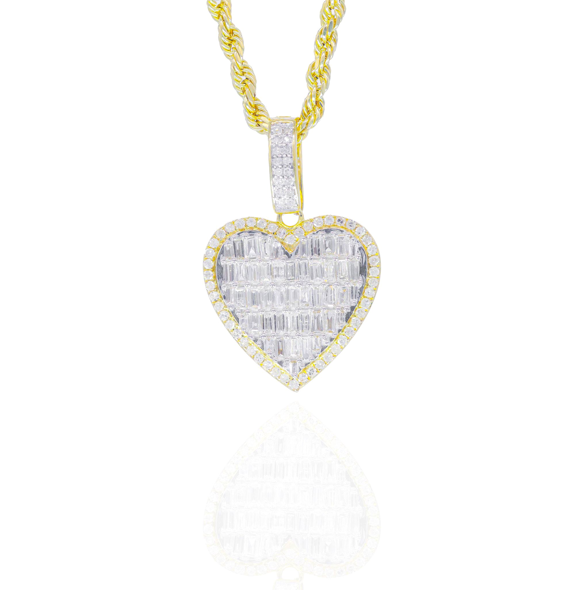 Baguette Diamond Heart Pendant w/ Round Diamond Border