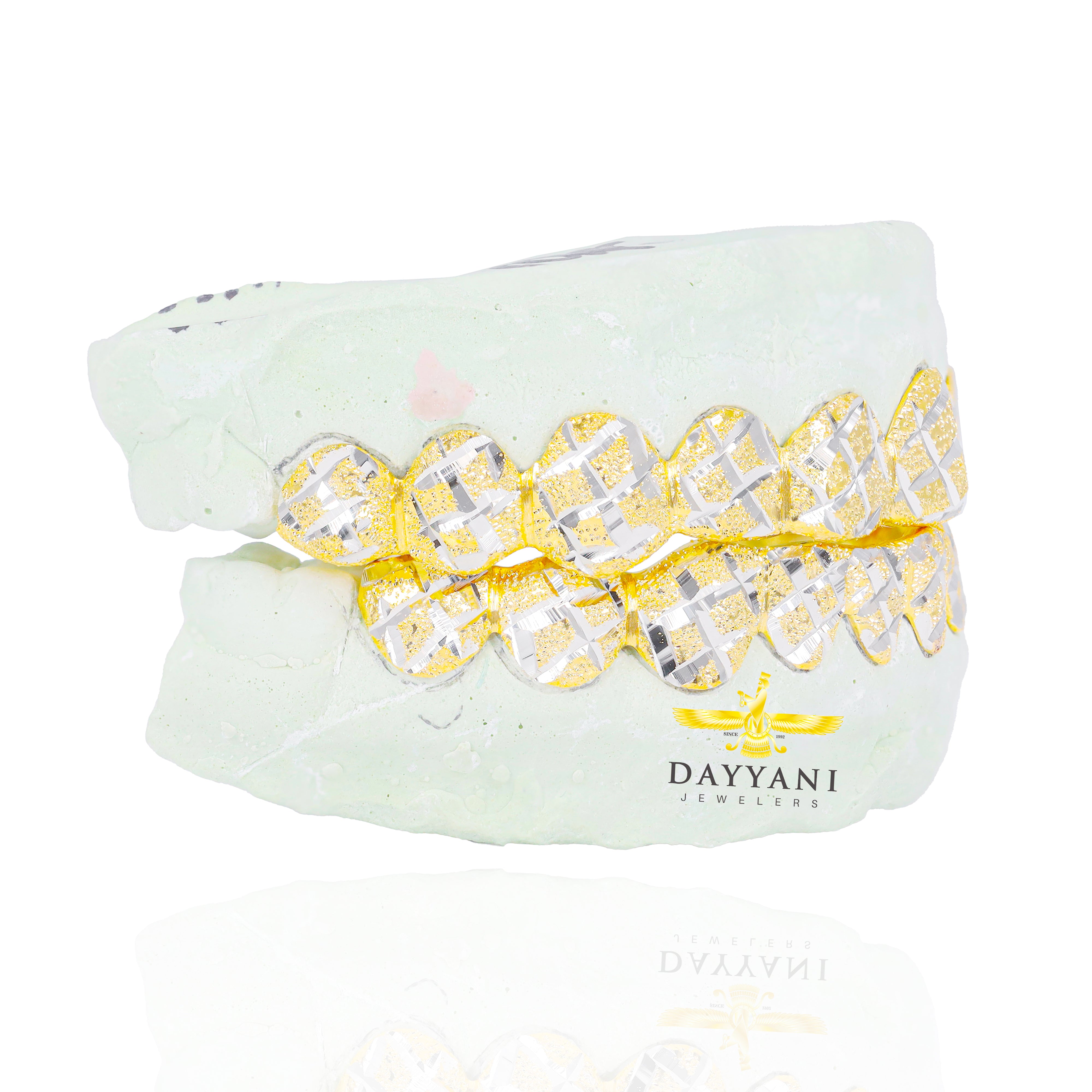 Custom Diamond Cut Diamond Dust Two-Tone Gold Grillz