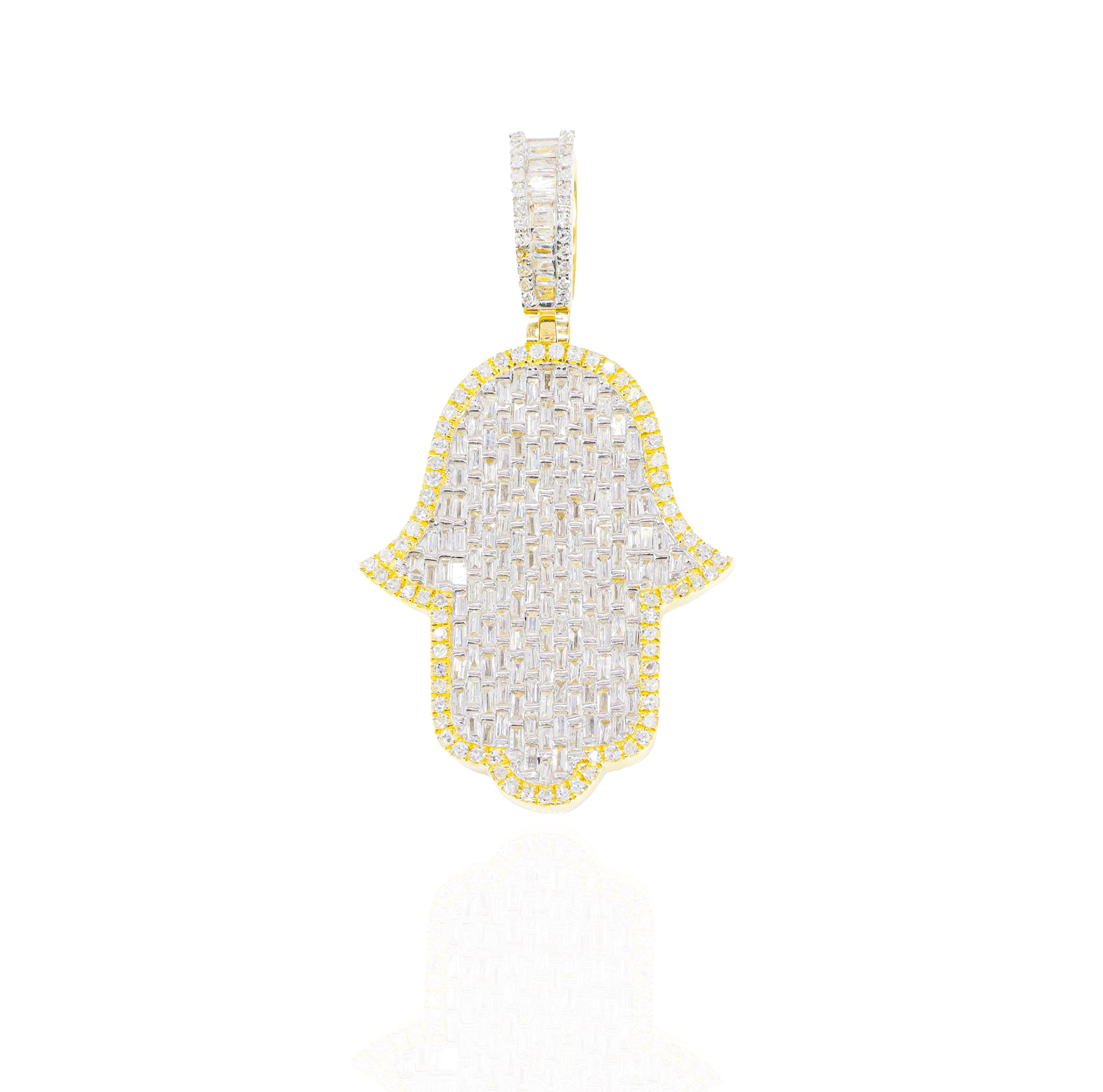 Flooded Baguette Diamond Hamza Hand Pendant w/ Diamond Border