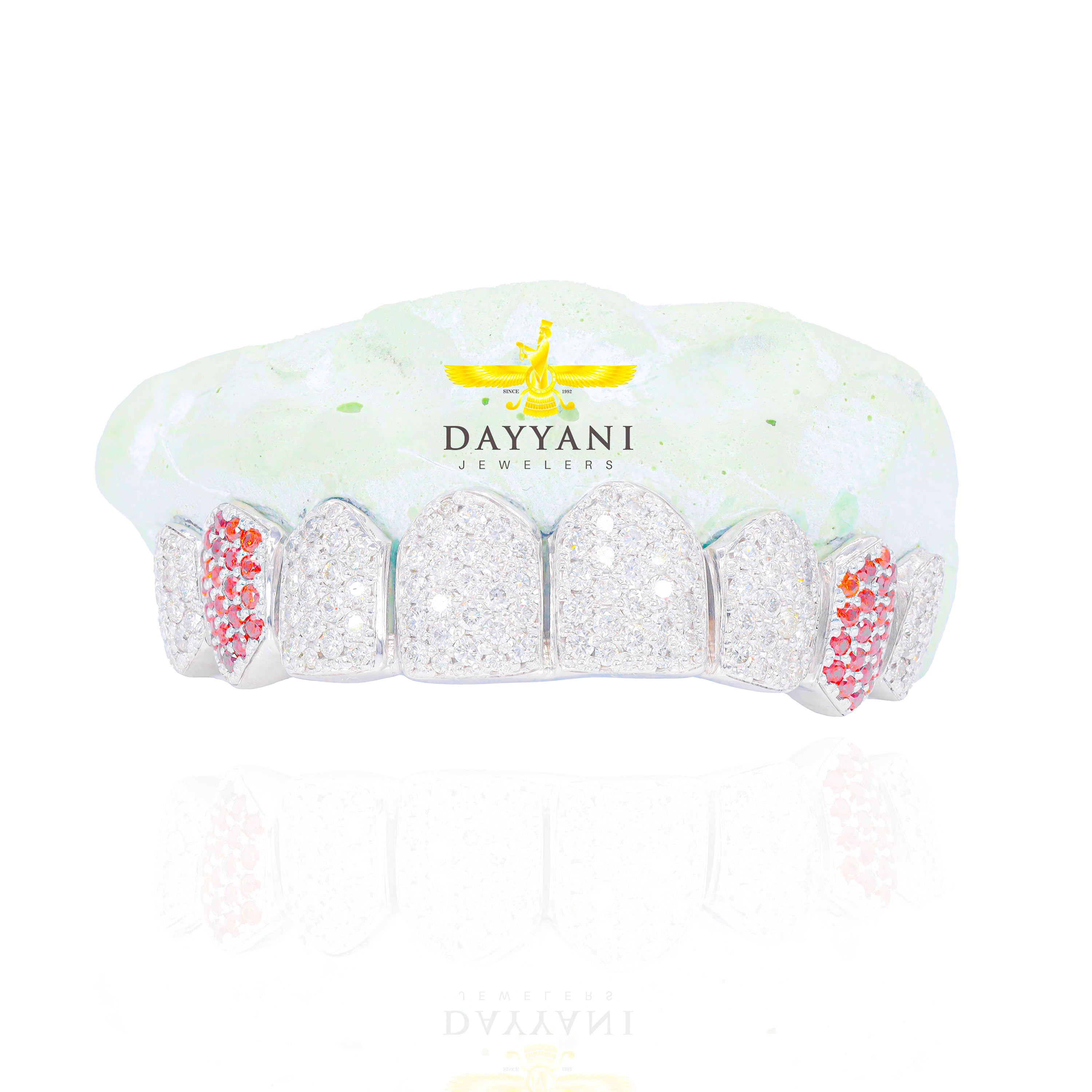 Custom 8 Top AND/OR Bottom Natural White Diamond and Colored Stone Fangs Gold Grillz (Zig-Zag Setting)