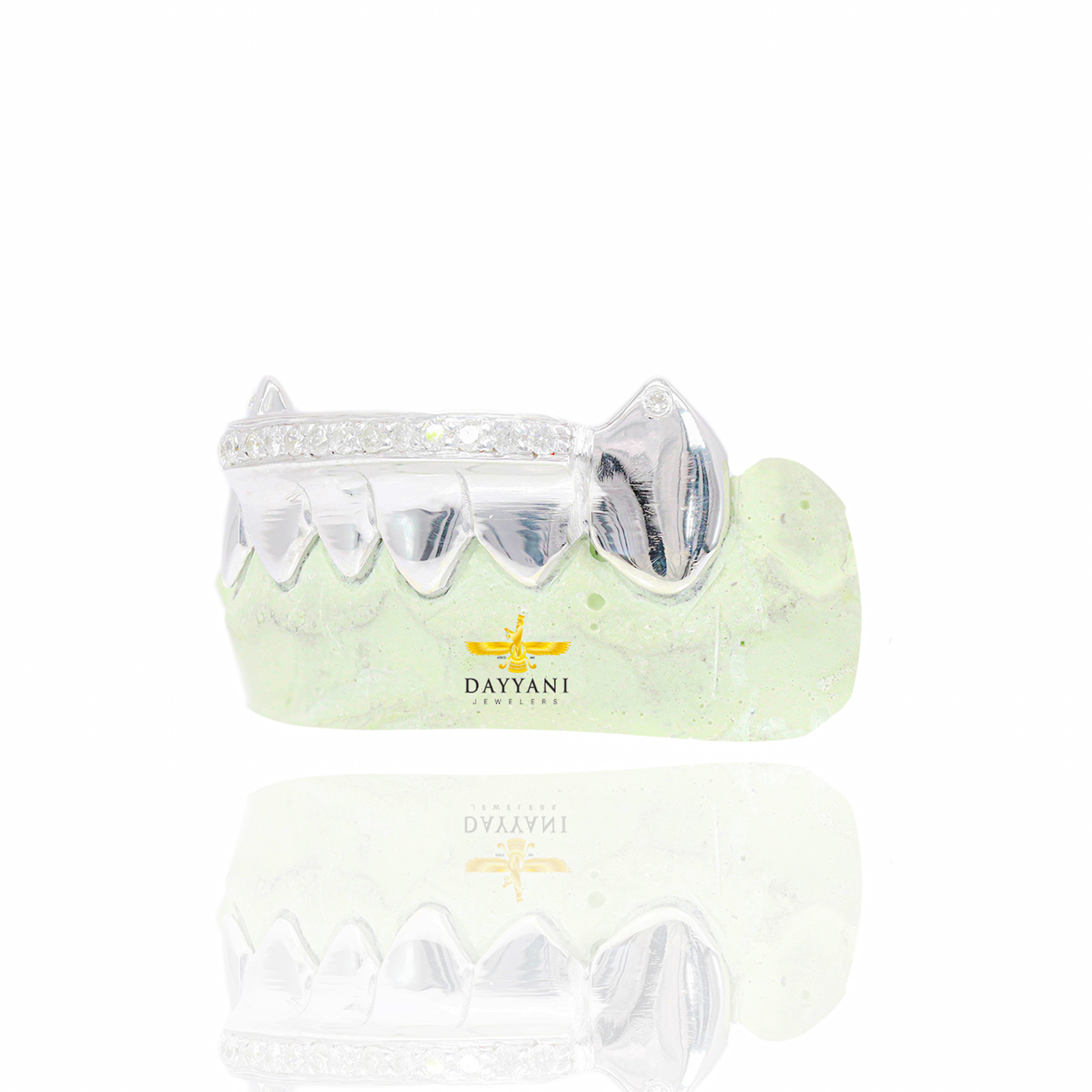Custom 6 Teeth One Row Diamond Bar with Diamond Tip Extended Fangs Gold Grillz