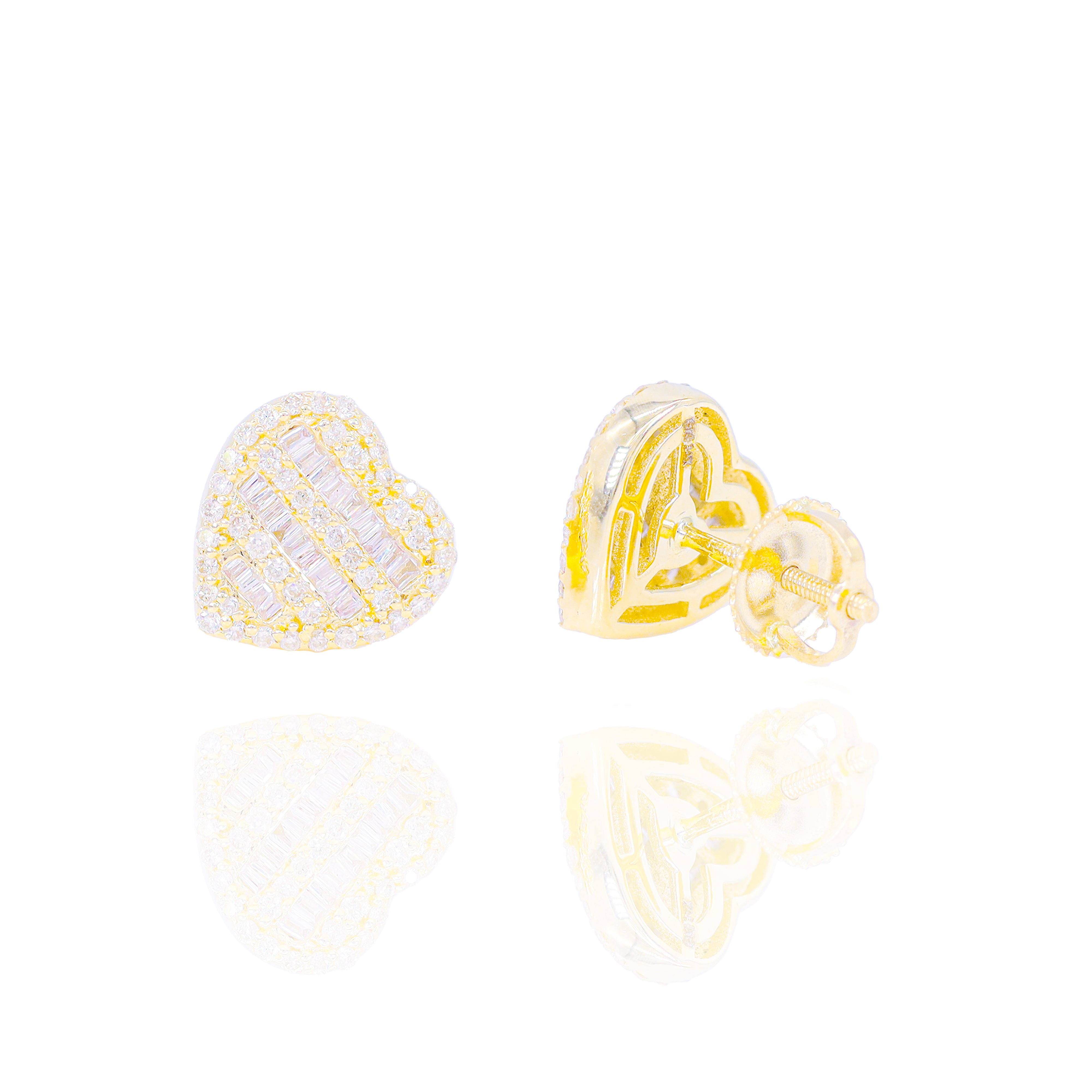 3 Row Baguette Diamond Heart Earrings