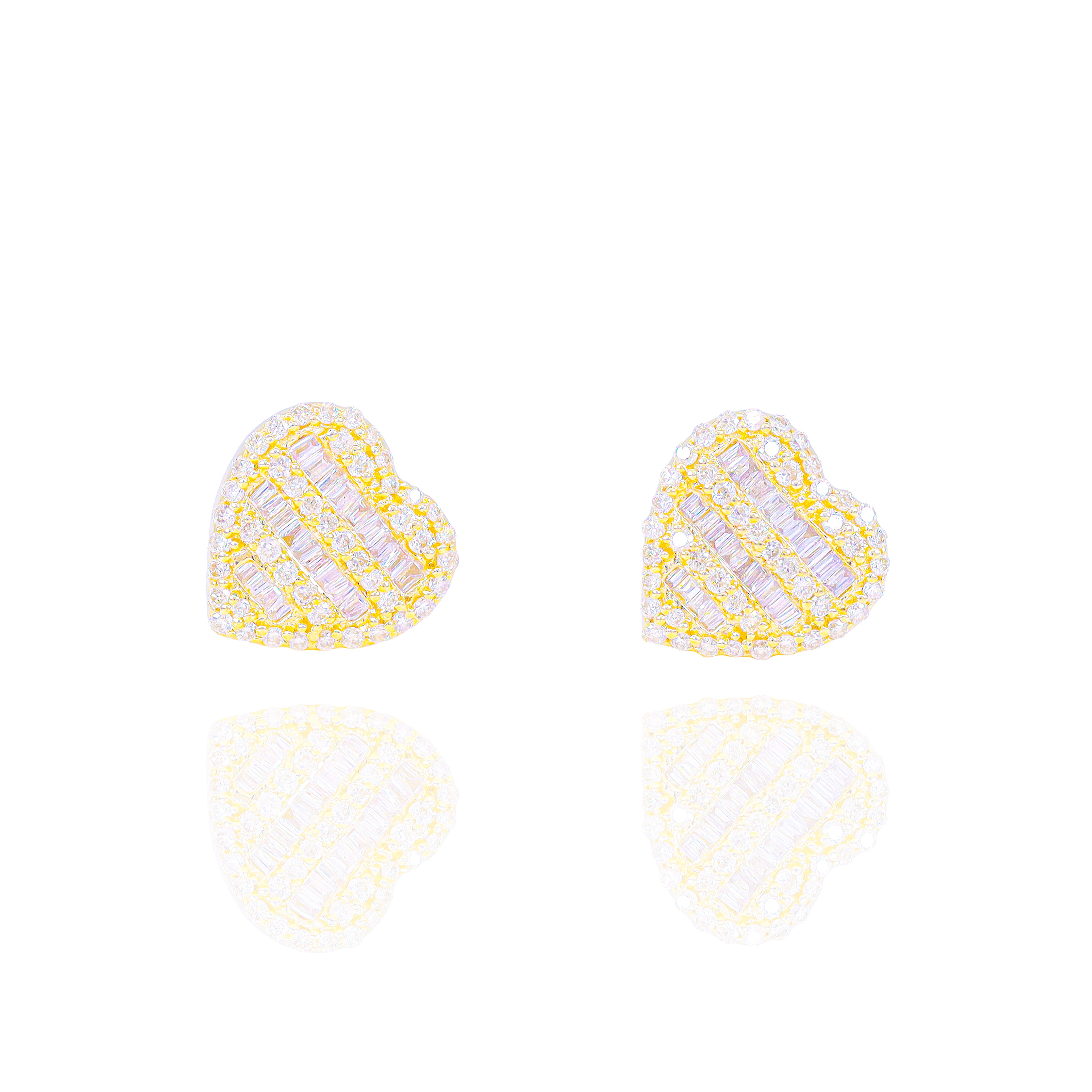 3 Row Baguette Diamond Heart Earrings