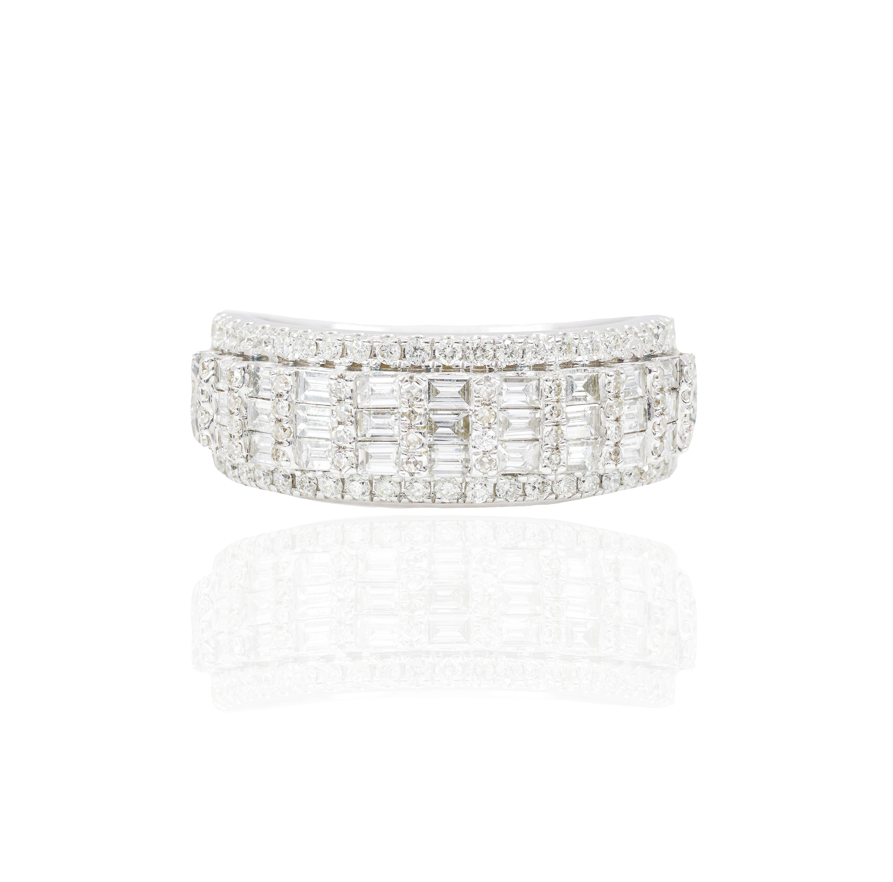 3 Row Baguette Diamond Band with Round Diamond Border