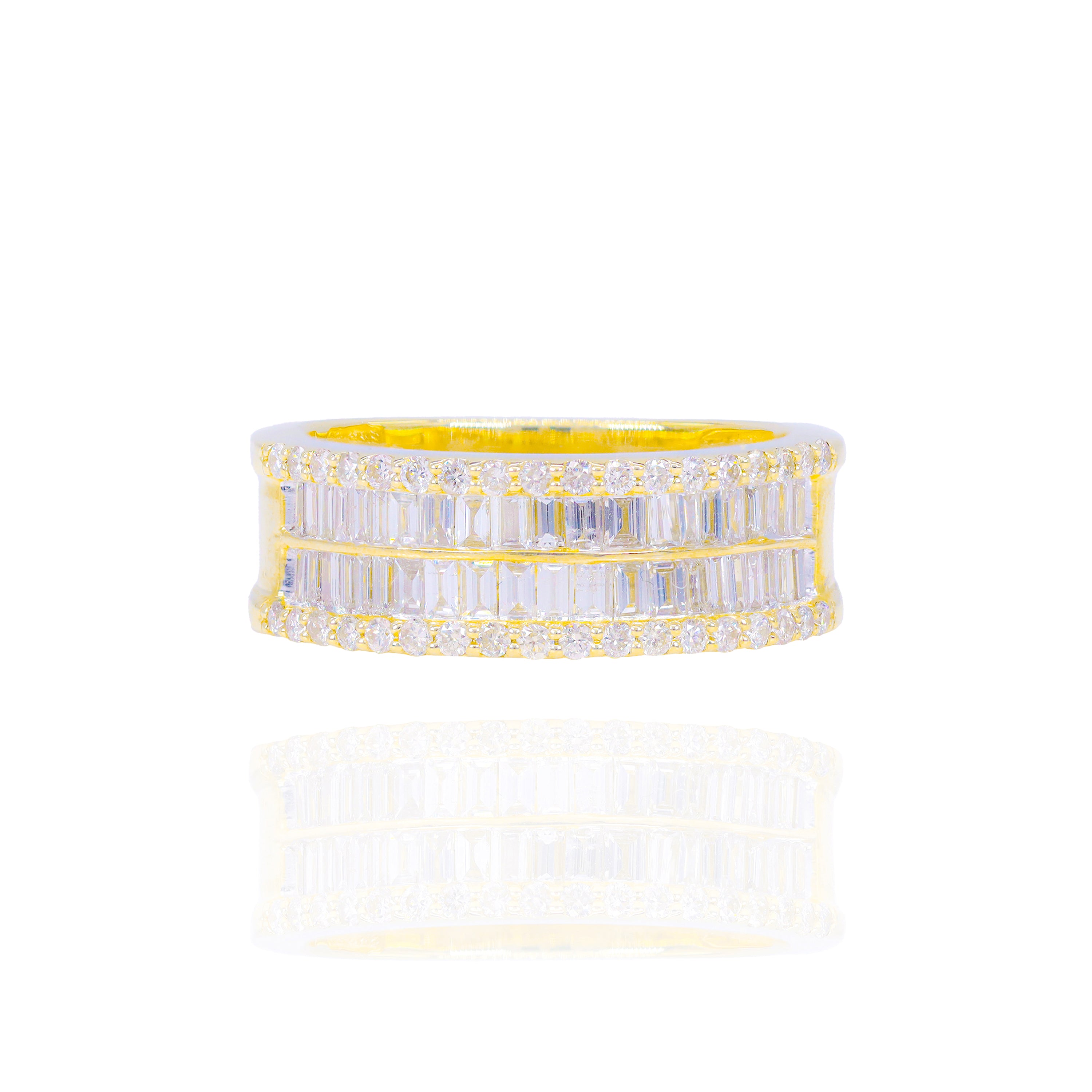 Two Row Baguette and Round Diamond Border Ring Band