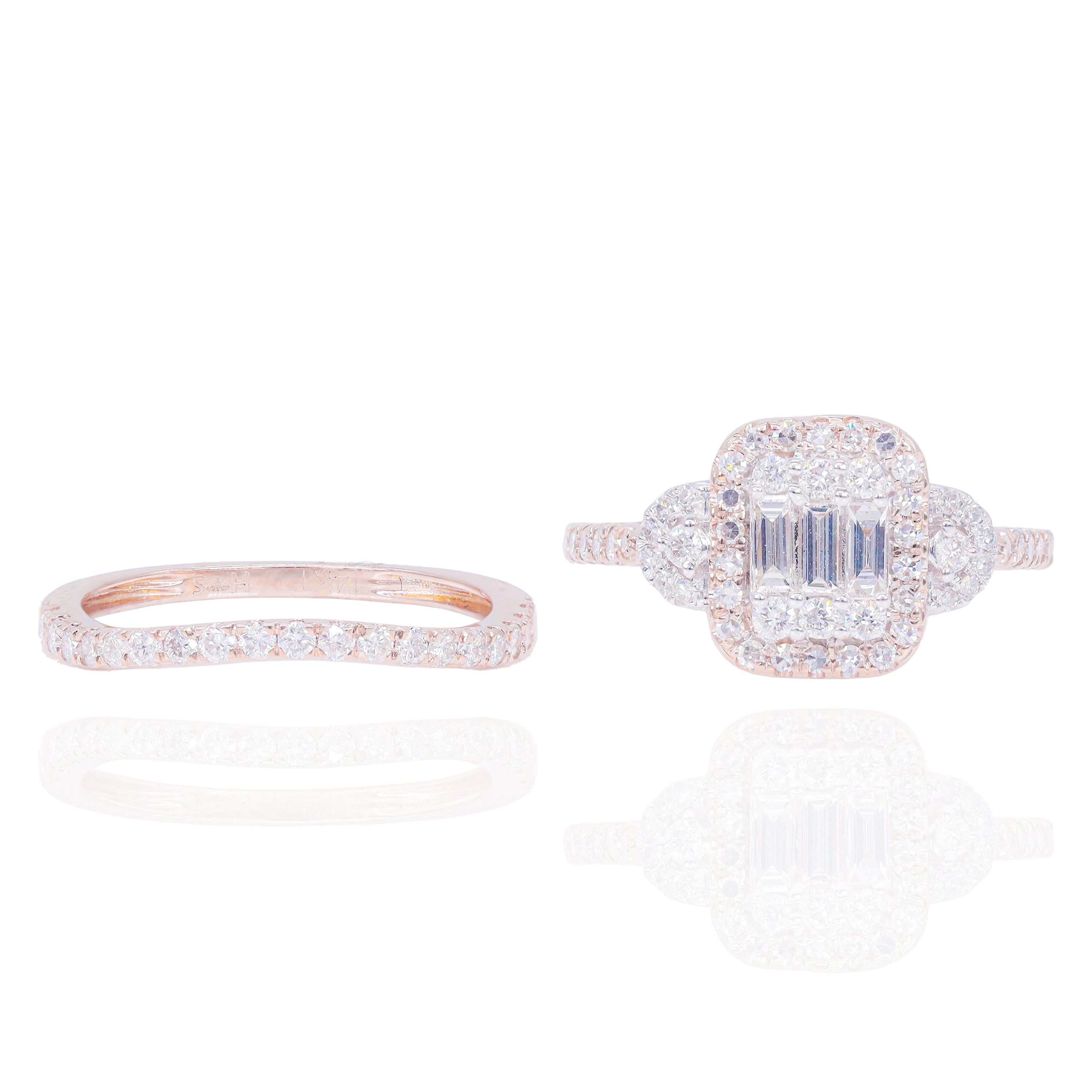 Baguette with Round Halo and Half Cut Sides Diamond Engagement Ring & Band