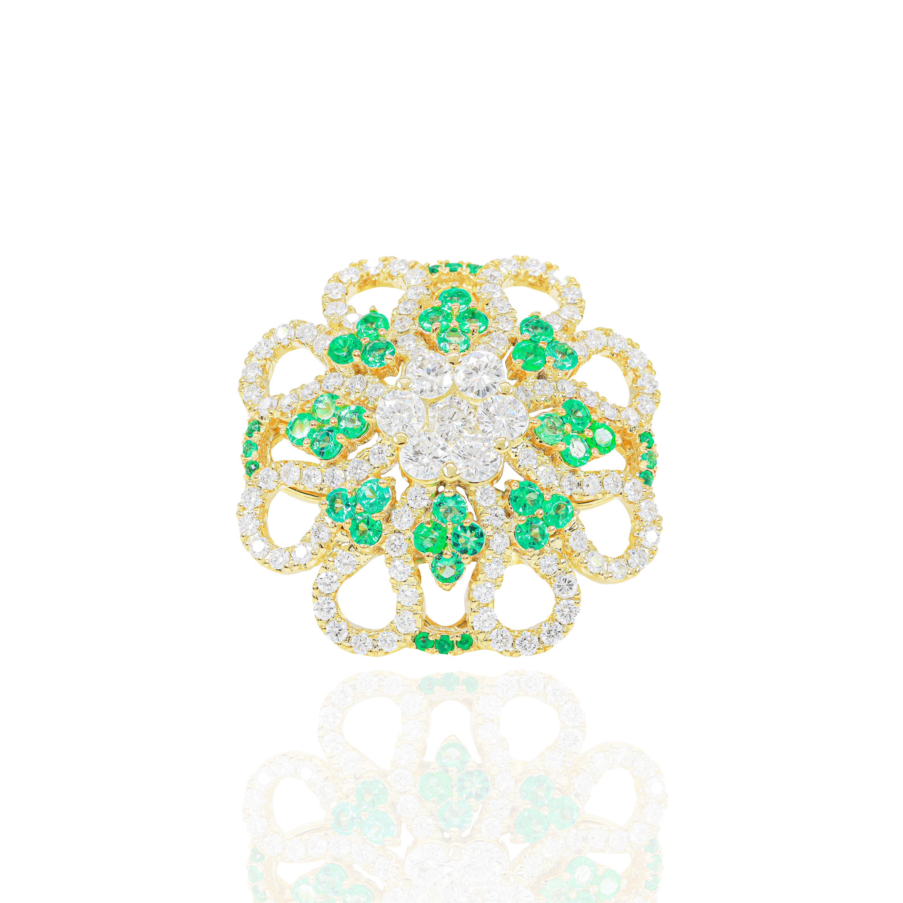 Green Emerald & Diamond Cluster Flower Ring