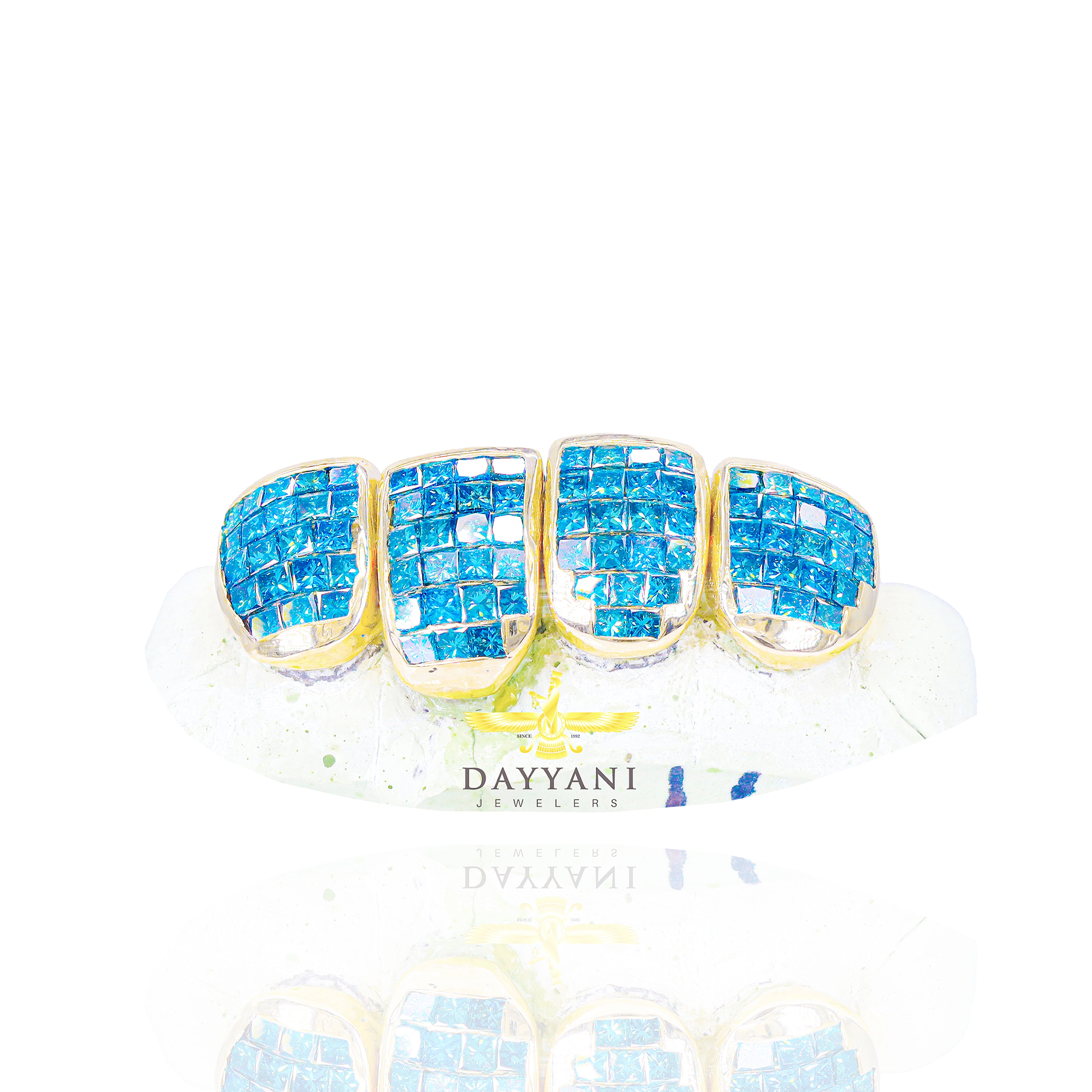 Custom VS Blue Diamond Grillz Hand Set Natural Princess Cut Diamond Gold Grillz (Invisible Setting)