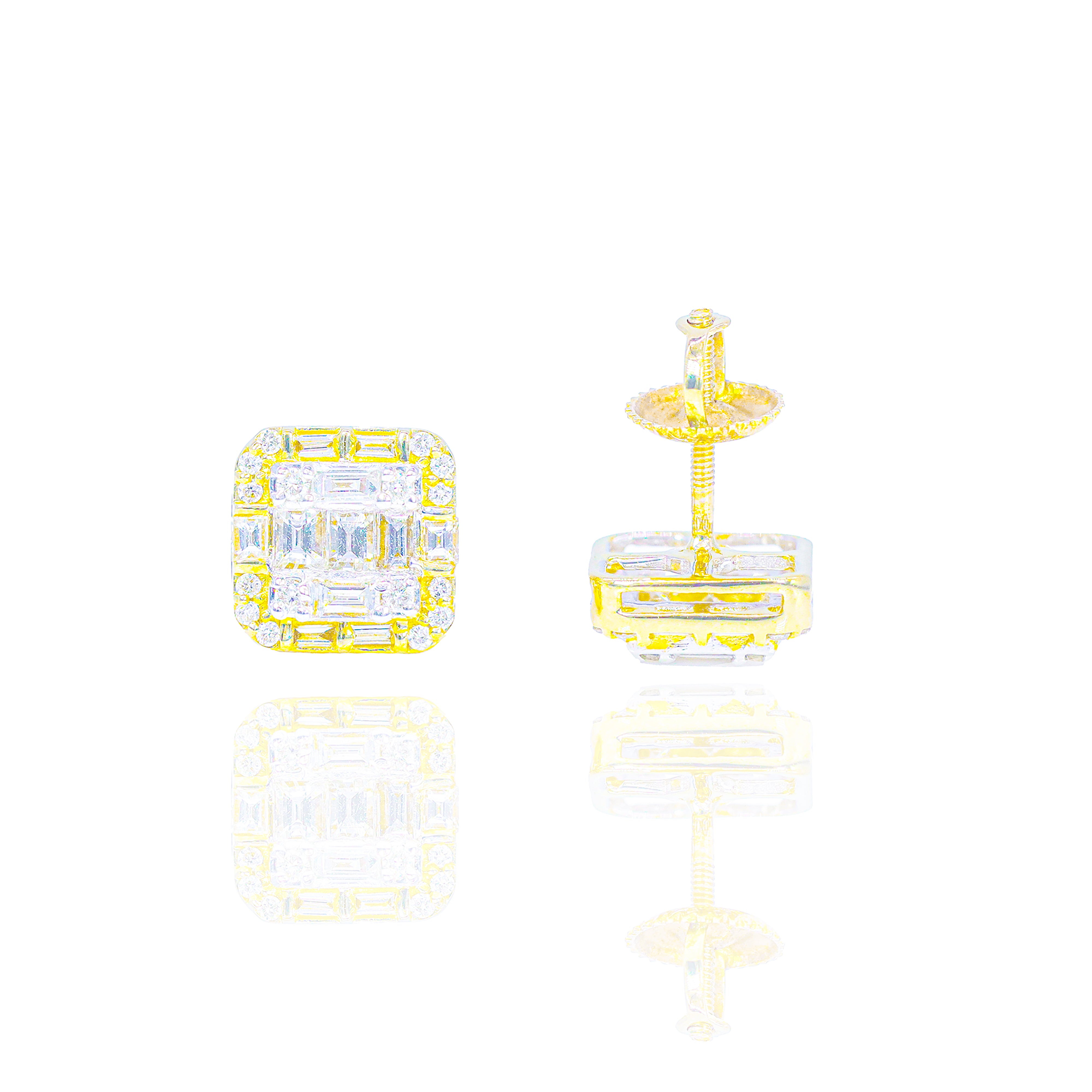 Square Baguette and Round Diamond Border Earrings