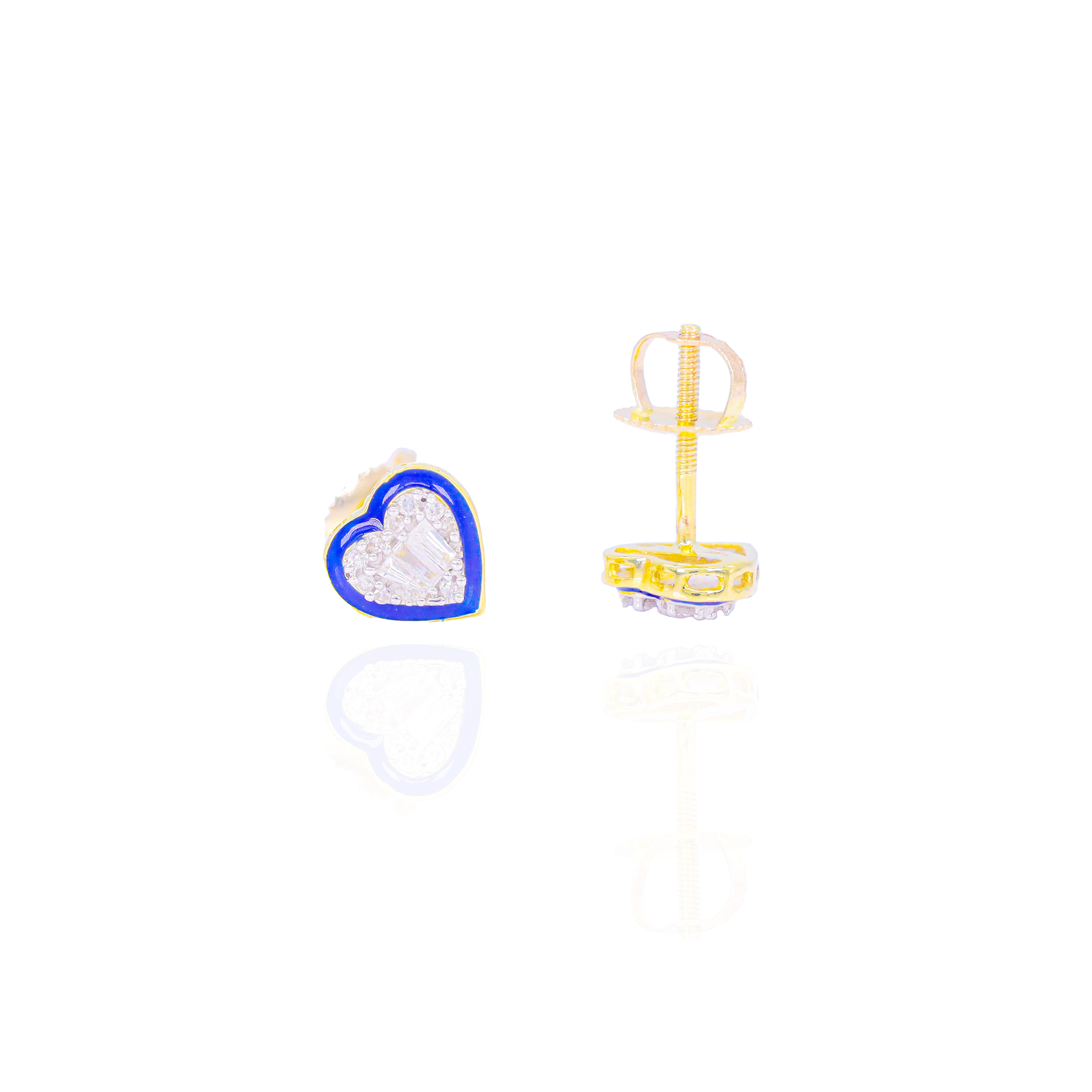 Heart Shaped Diamond Earrings w/ Blue Enamel Border