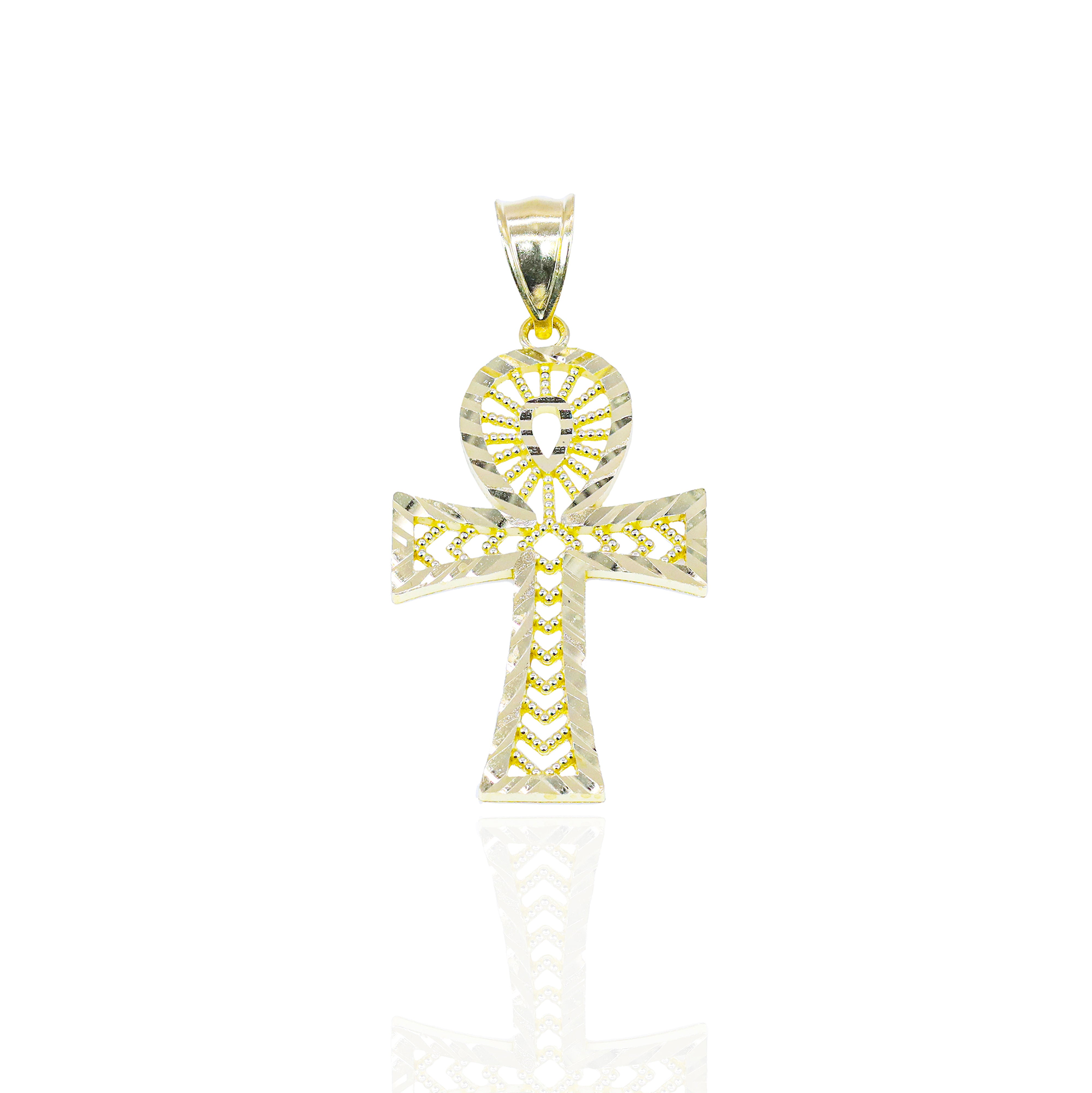10KT Yellow Gold Fluted Ankh Pendant with Pattern Solid Gold Pendant