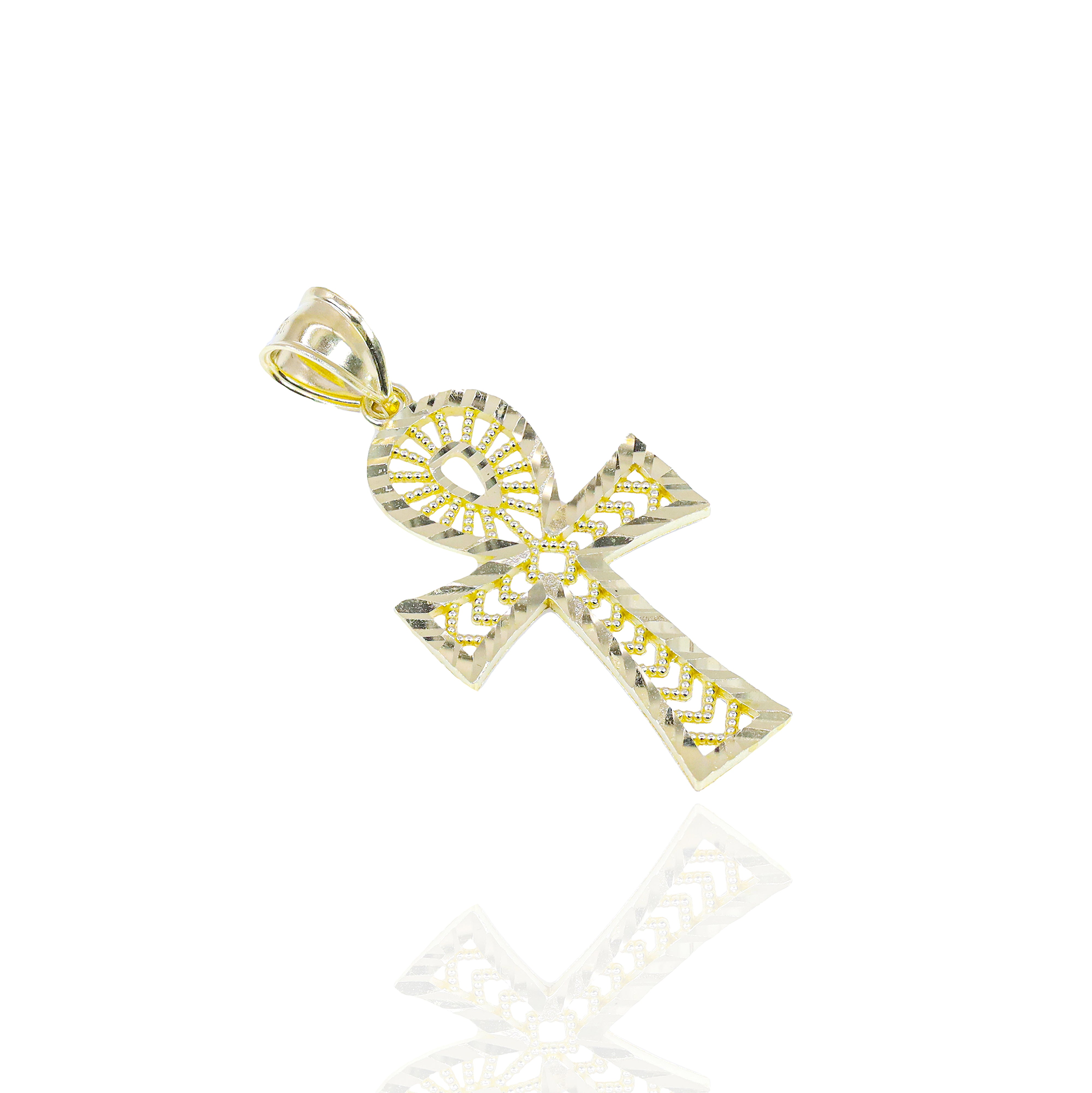 10KT Yellow Gold Fluted Ankh Pendant with Pattern Solid Gold Pendant