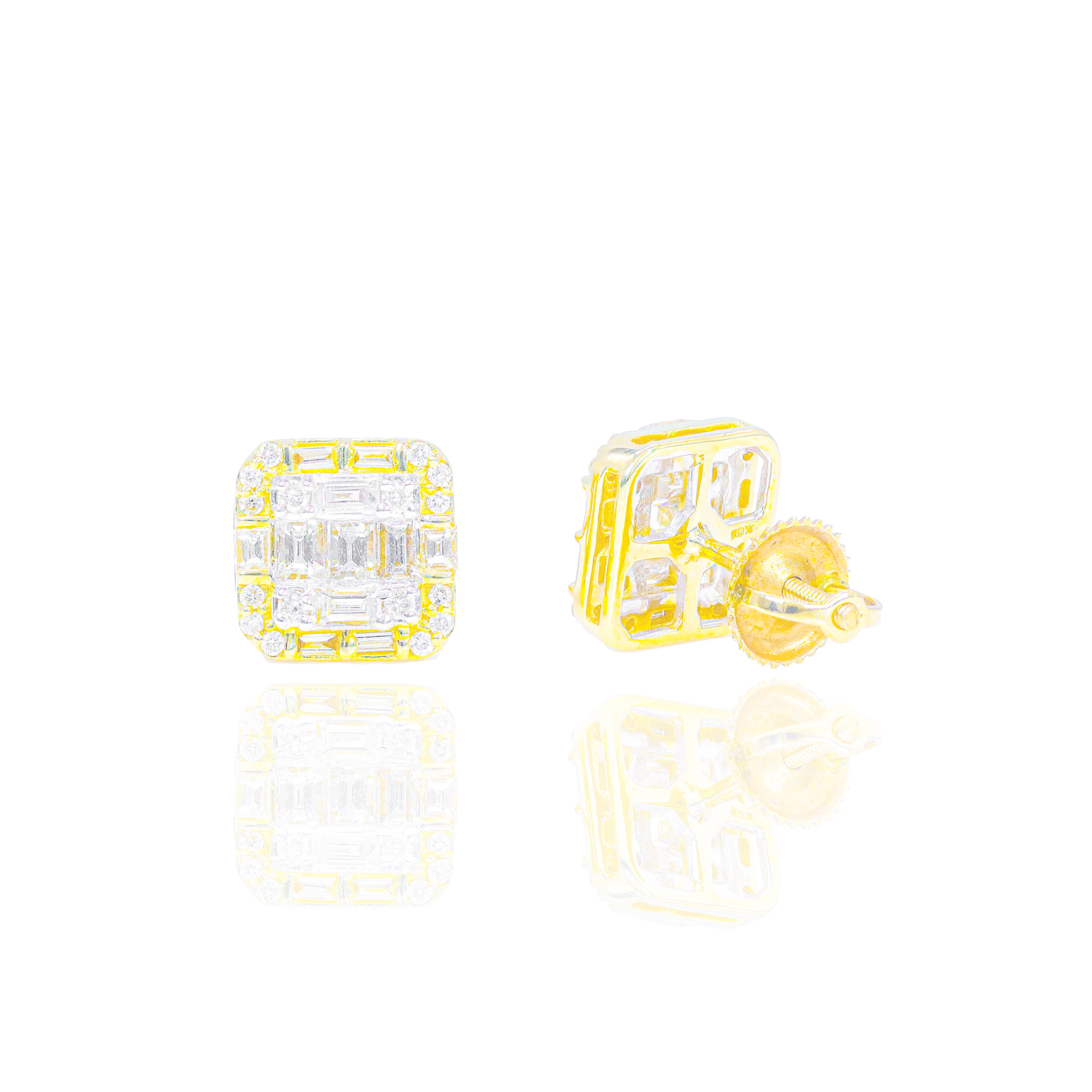 Square Baguette and Round Diamond Border Earrings