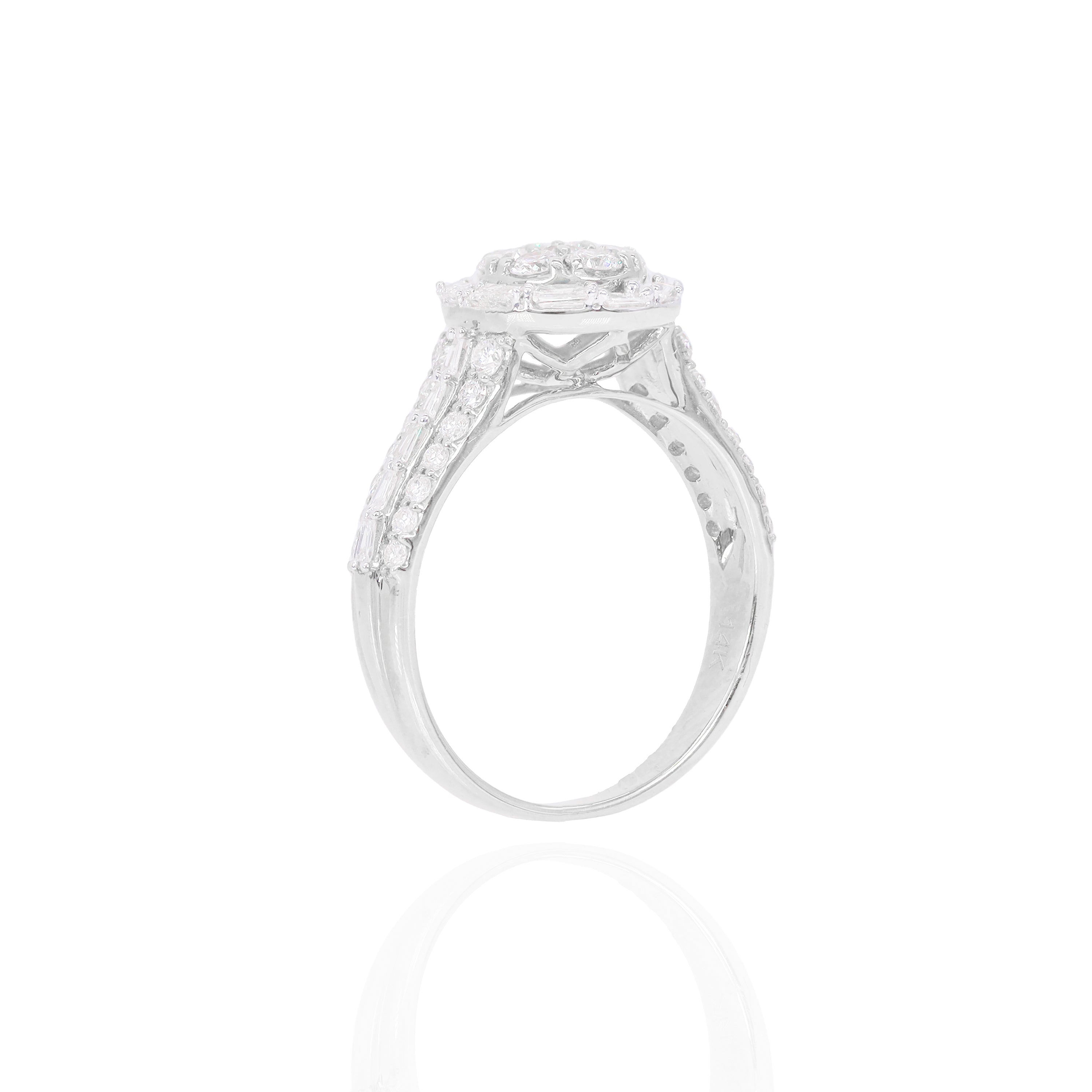 Round Shape with Halo Baguette Diamond Engagement Ring