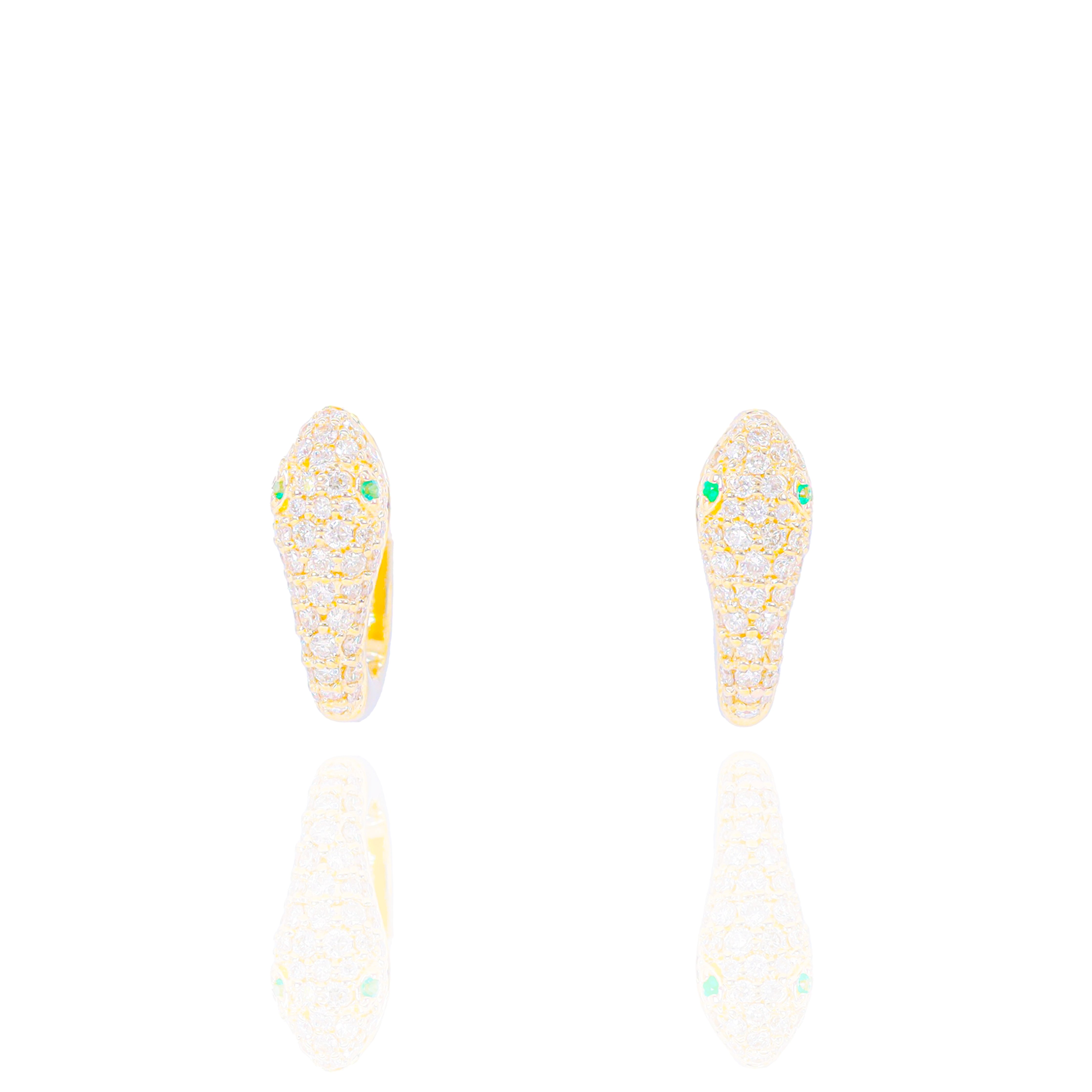 Diamond Snake Earrings with Green Emerald Eyes