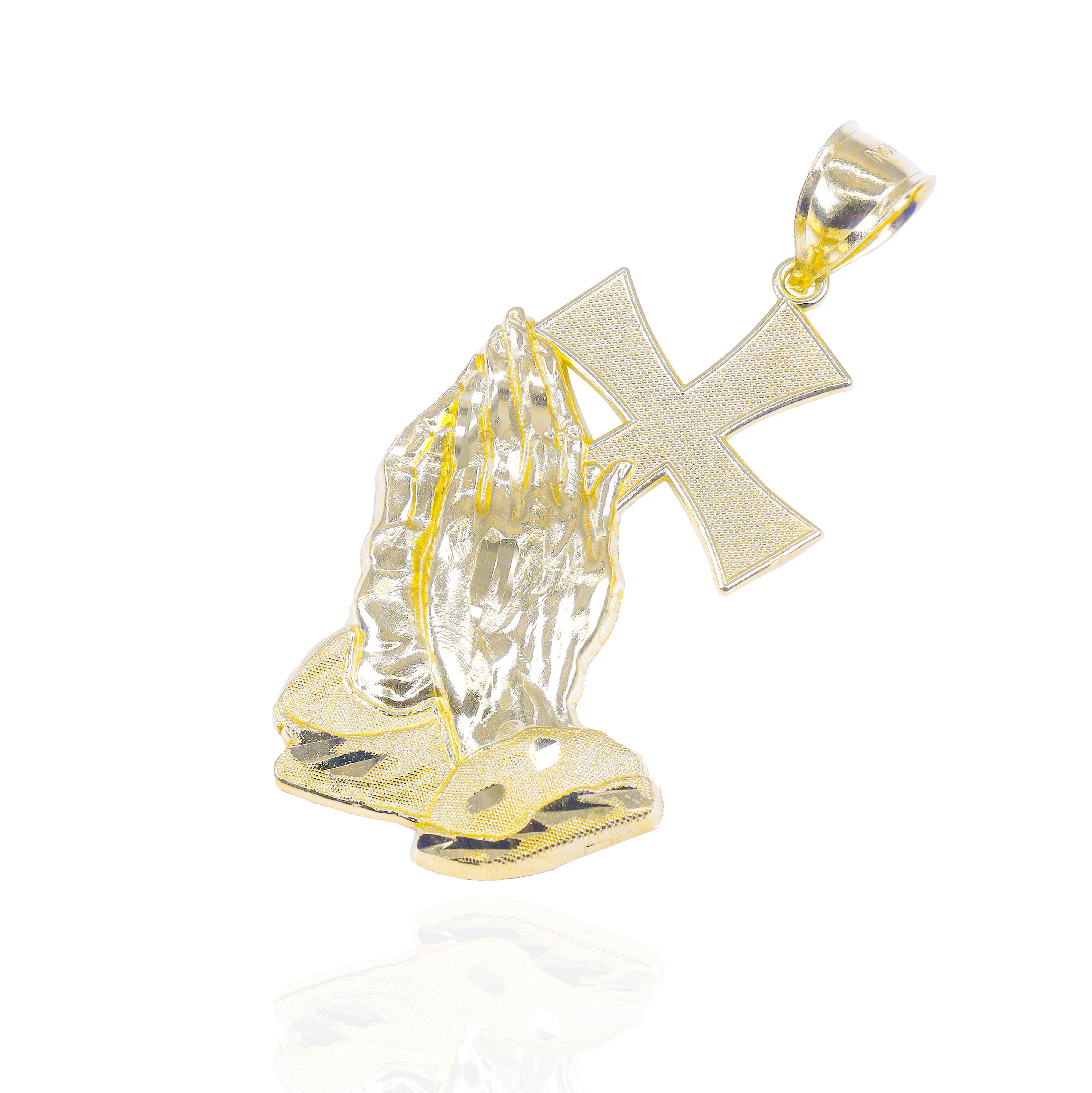 10KT Solid Gold Praying Hands Holding Cross Pendant