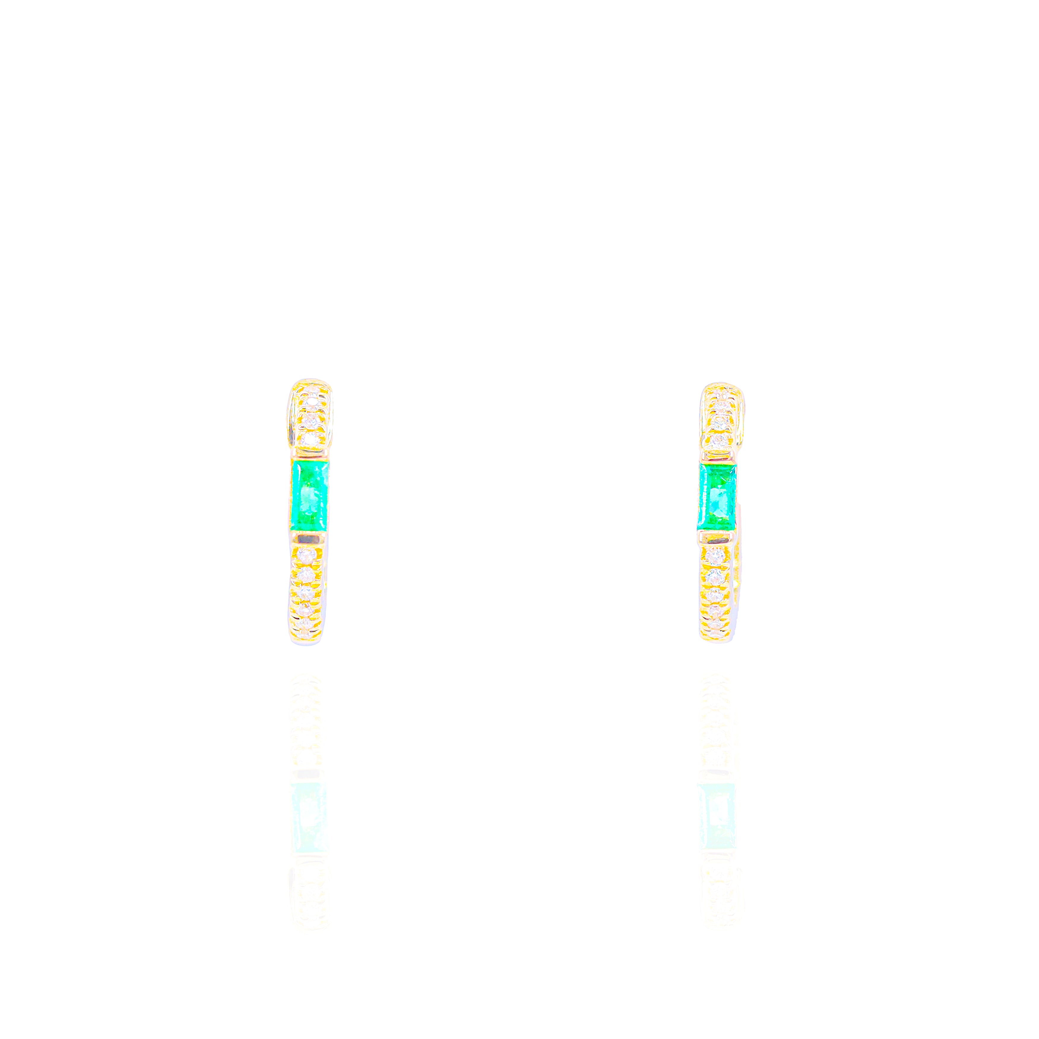 Diamond Hoops w/ Green Emerald Gemstone Center